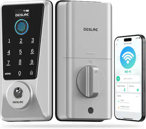 DESLOC DESLOC 1 2 ABC 3 DEF 9:41 My front door 4 GHI 5 JKL 6 MNO 7 PQRS 8 TUV 9 WXYZ MENU 0 Wi-Fi Slide to Unlock Assign Access Settings Events Moe 3 DESLOC Locked 2024-12-10 22:20 Unlocked by user! 2024-12-18 22:00