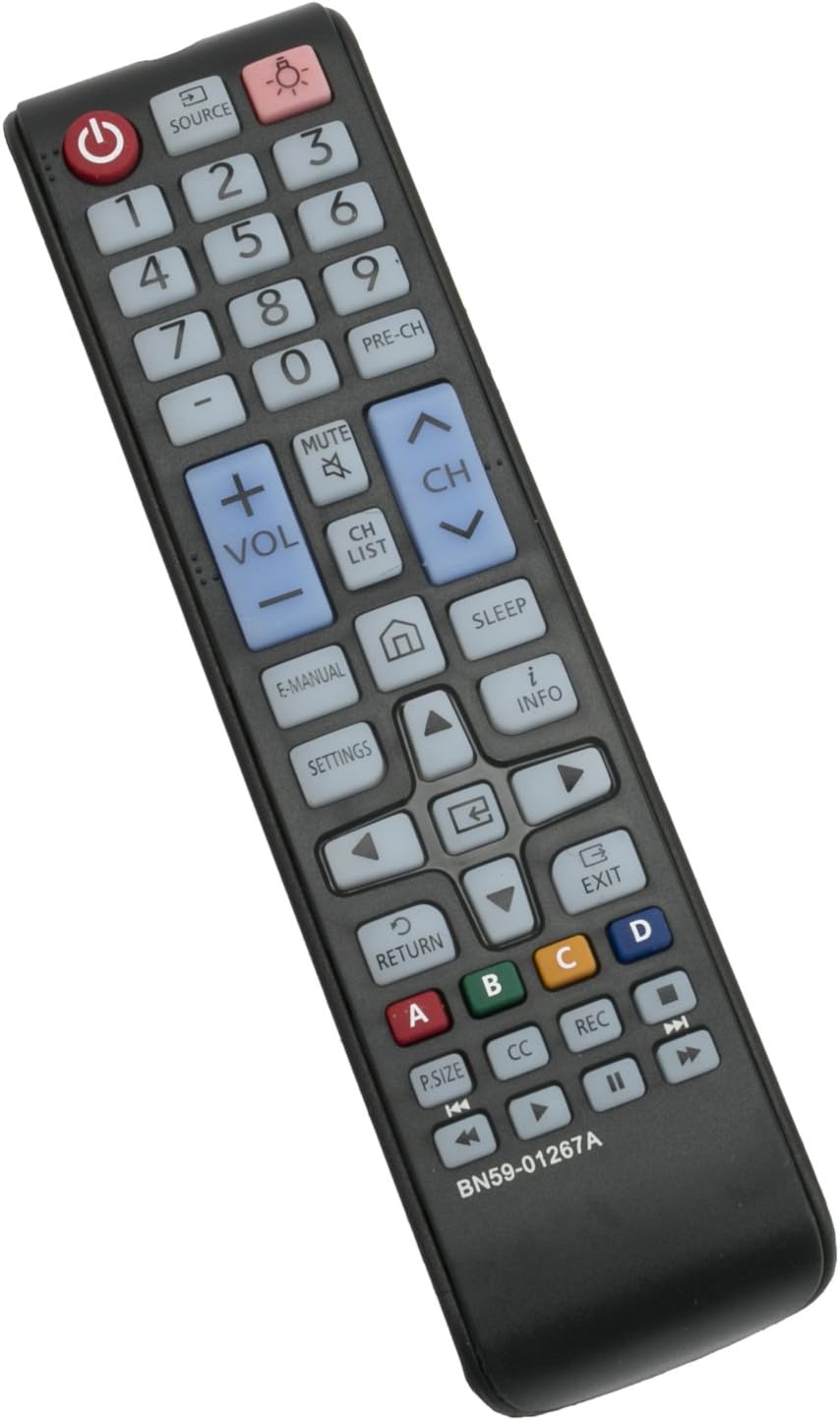 SOURCE 3 2 1 6 5 4 9 8 7 PRE-CH 0 - MUTE + CH CH VOL LIST - SLEEP E-MANUAL i INFO SETTINGS EXIT D RETURN A B C REC CC P.SIZE BN59-01267A