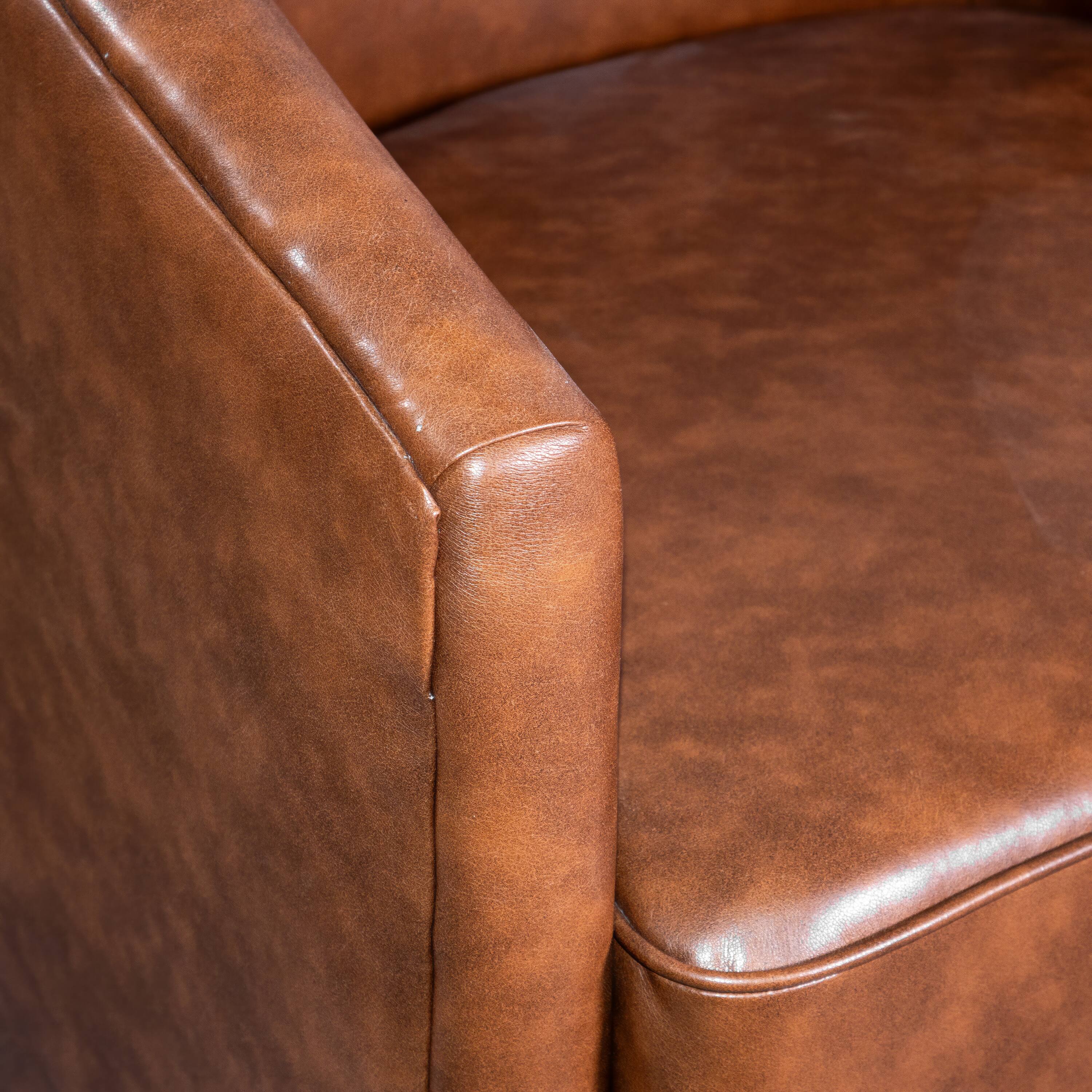Alt View 10. Emma + Oliver - Della Club Style Barrel Accent Chair with 360 Degree Swivel Brushed Gold Vinyl Wrapped Base and Sloped Armrests - Brown Faux Leather.