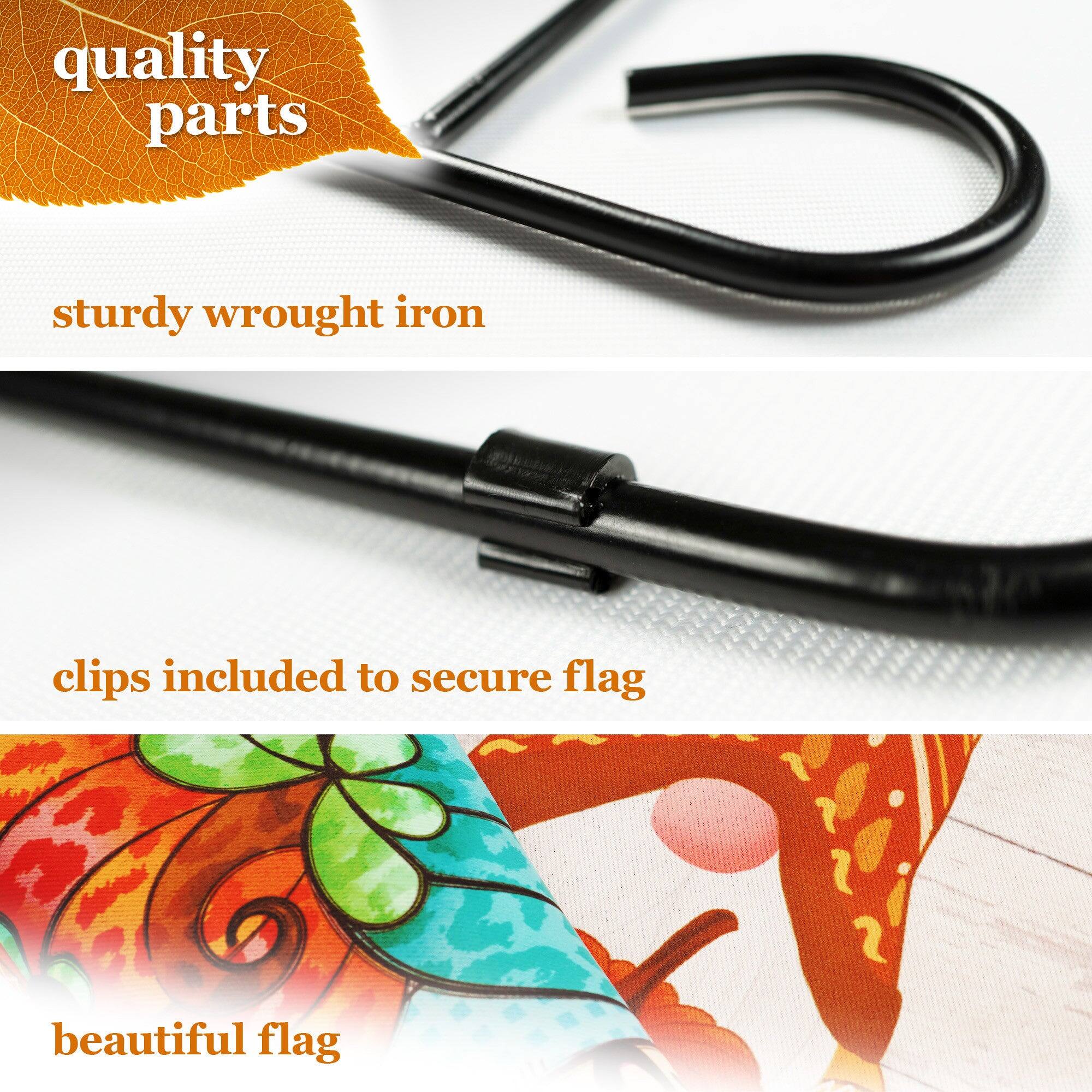 quality parts  
sturdy wrought iron  
clips included to secure flag  
beautiful flag