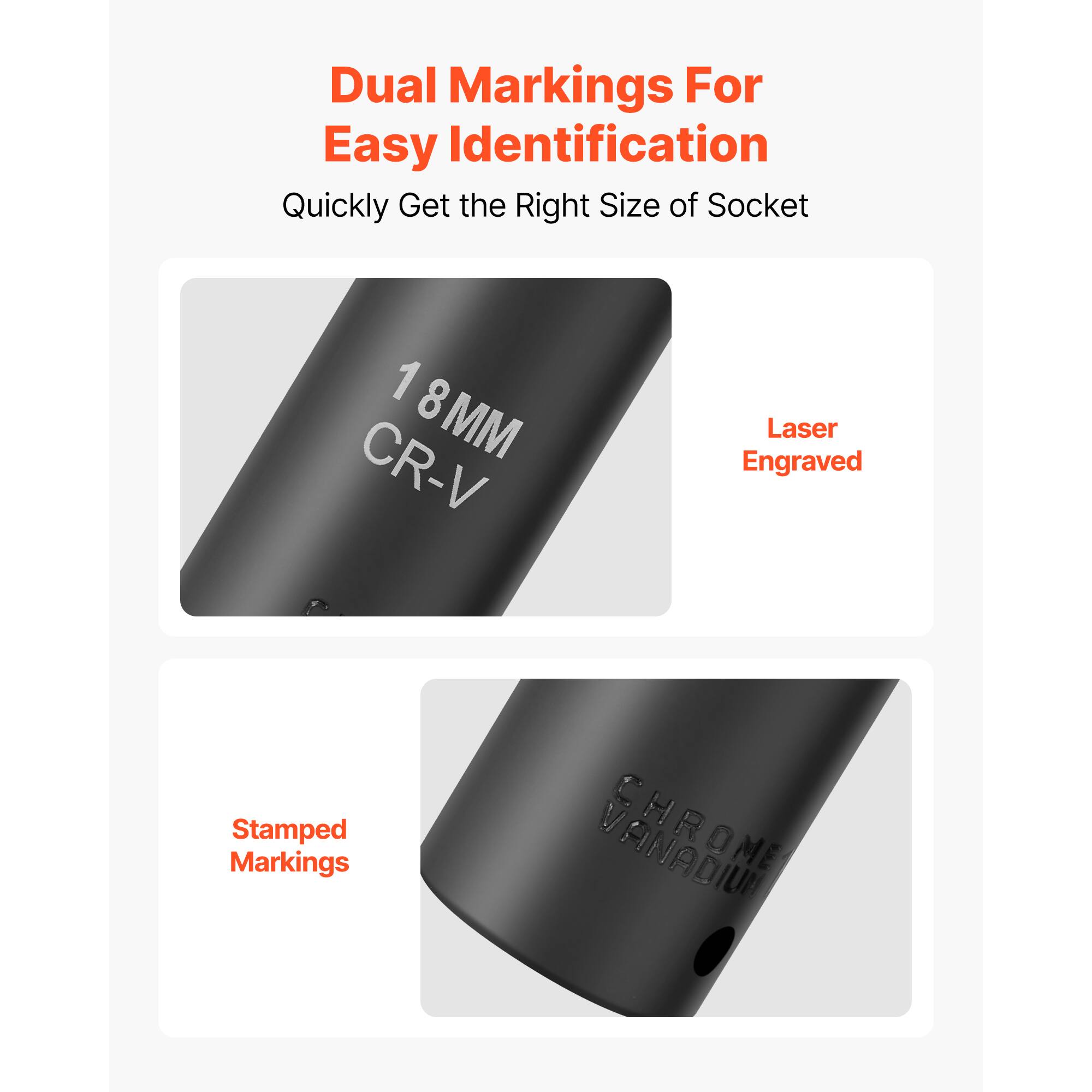 Dual Markings For Easy Identification  
Quickly Get the Right Size of Socket  

1 8 MM CR-V  
Laser Engraved  

CHROME VANADIUM  
Stamped Markings