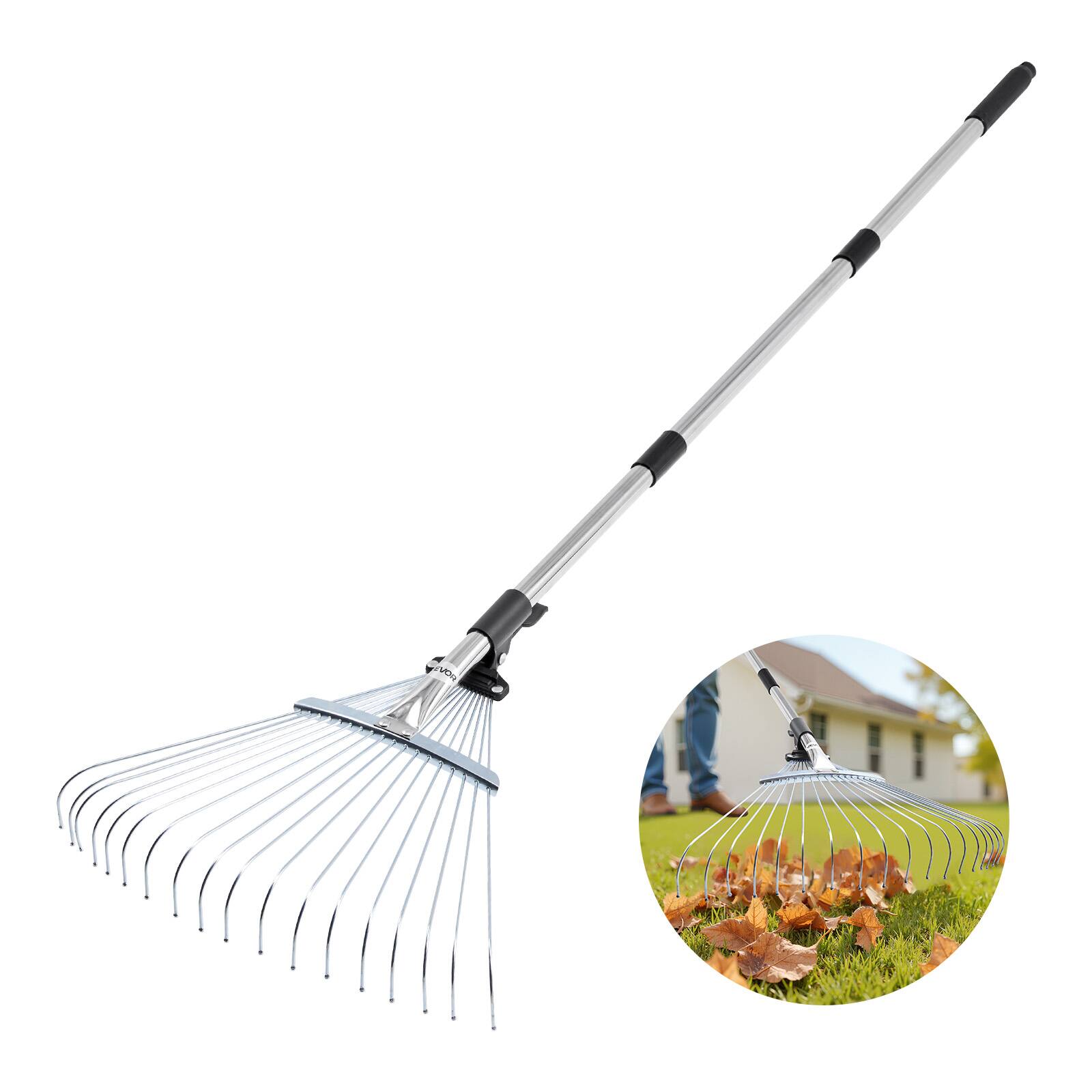 VEVOR - Leaf Rake, 18 Metal Tines, Adjustable Garden Rake for Lawns with 7.7-17.1 Inch Head & 32.3-55.6 Inch Long Handle - Metallic color
