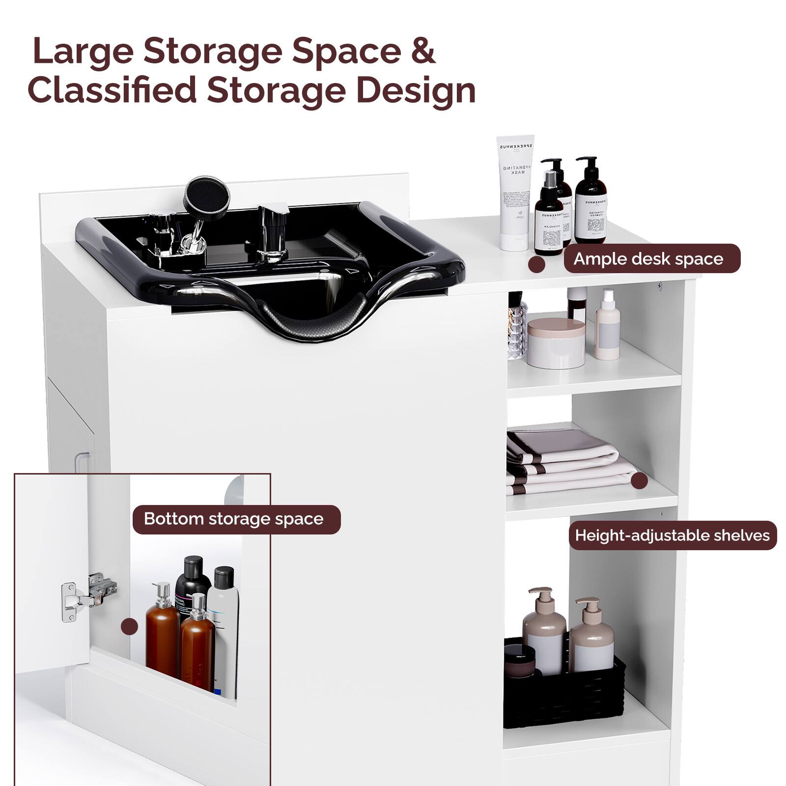 Large Storage Space & Classified Storage Design

- Ample desk space
- Bottom storage space
- Height-adjustable shelves