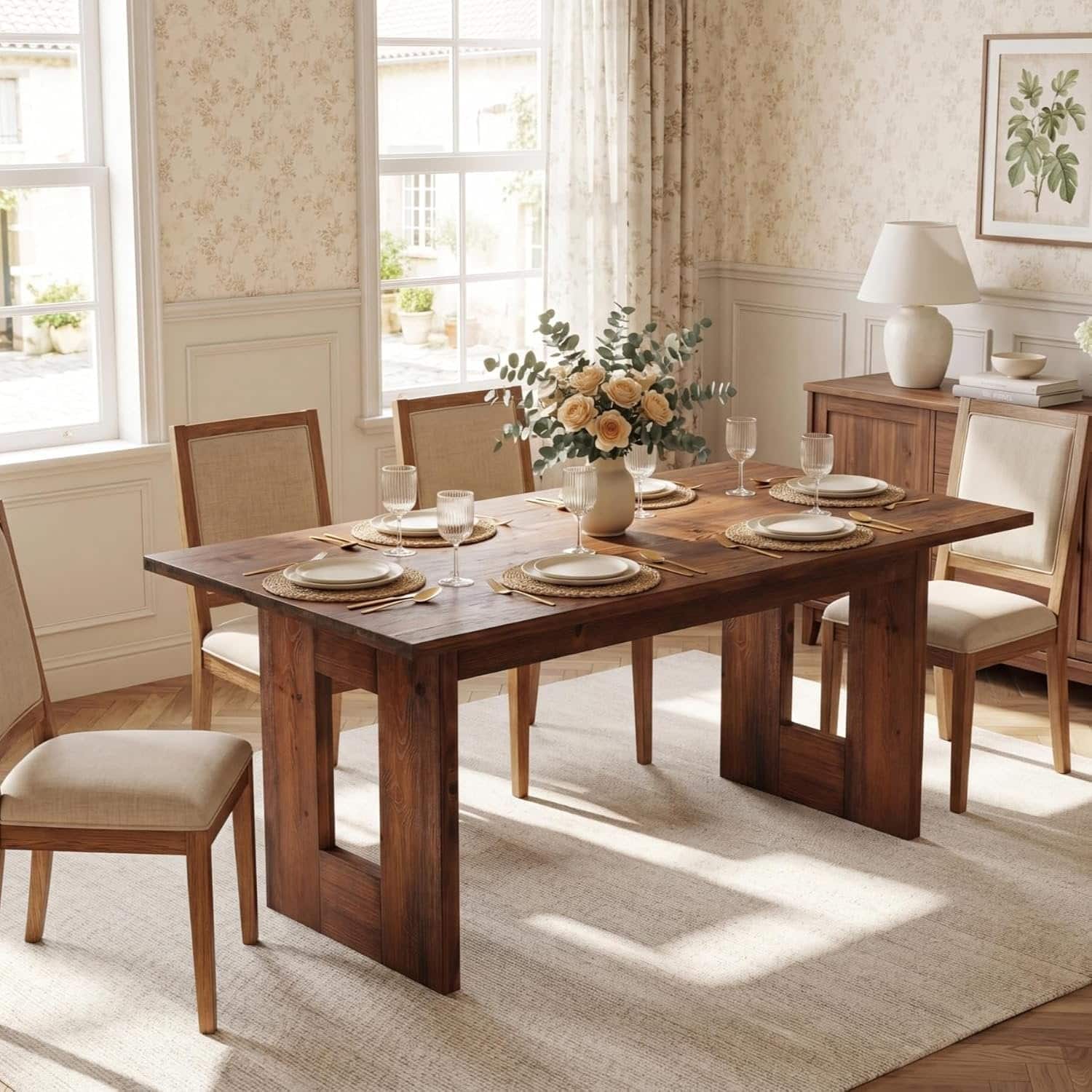 Tribesigns - Solid Wood Dining Table with Wood Grain Finish and Rectangular Top for Dining Room and Kitchen - Brown