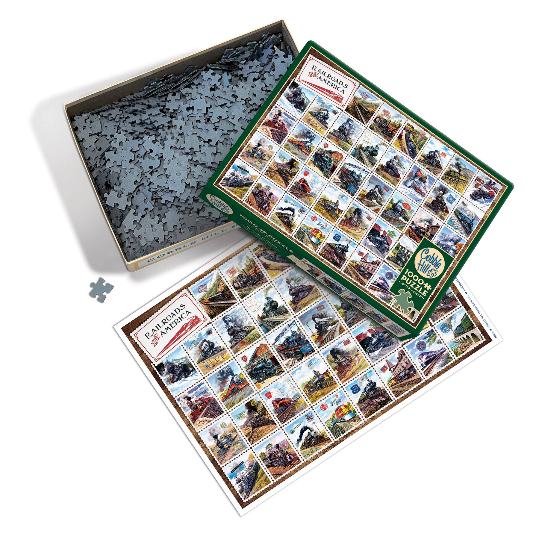 The text on the image reads "America - The Tapestry of Railroads 1000 Piece Jigsaw Puzzle".