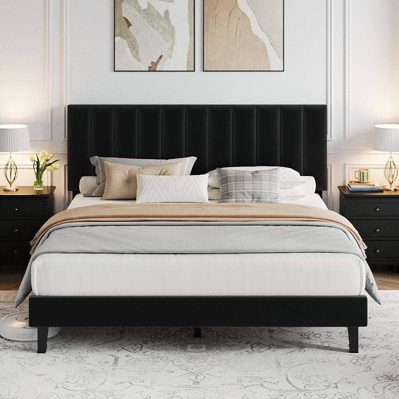Front. Homhougo - Queen Size Bed Frame, Velvet Upholstered Platform Bed with Adjustable Vertical Channel Tufted Headboard, No Box Spring - Black.