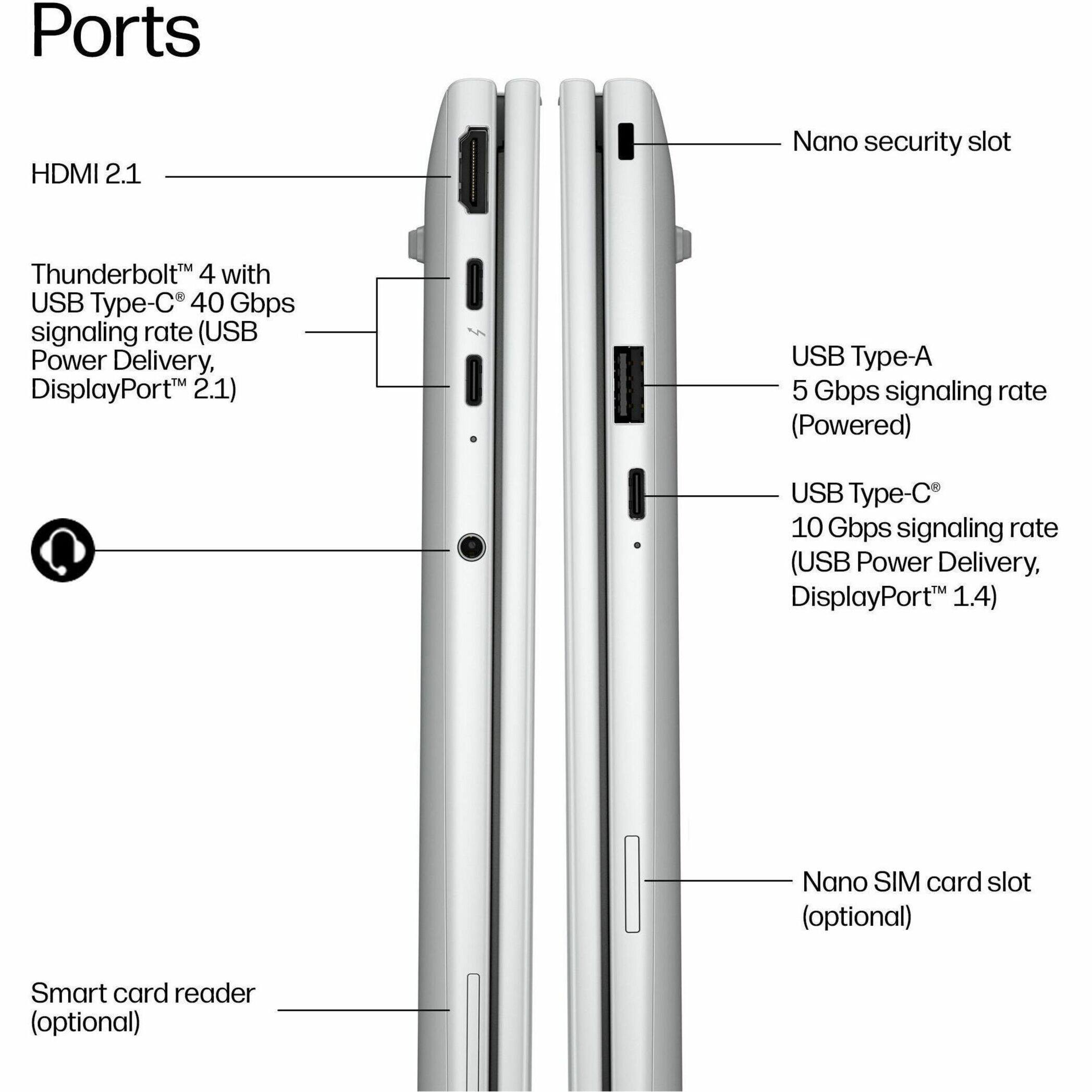 Ports

- HDMI 2.1
- Nano security slot
- Thunderbolt™ 4 with USB Type-C® 40 Gbps signaling rate (USB Power Delivery, DisplayPort™ 2.1)
- USB Type-A 5 Gbps signaling rate (Powered)
- USB Type-C® 10 Gbps signaling rate (USB Power Delivery, DisplayPort™ 1.4)
- Nano SIM card slot (optional)
- Smart card reader (optional)
