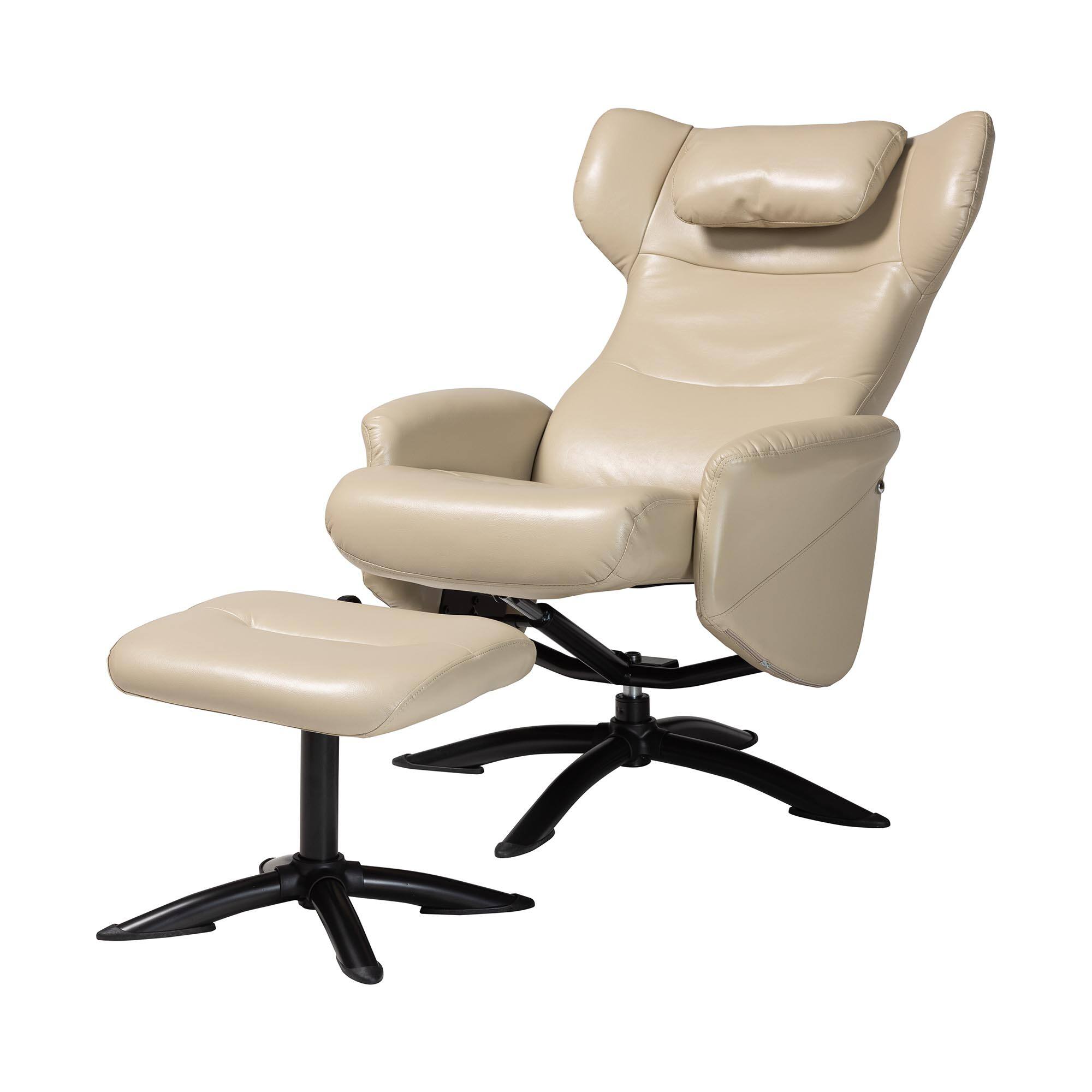 Angle. Baxton Studio - Elwood Modern Faux Leather 2-Piece Lounge Chair and Footrest Set - Beige/Black.