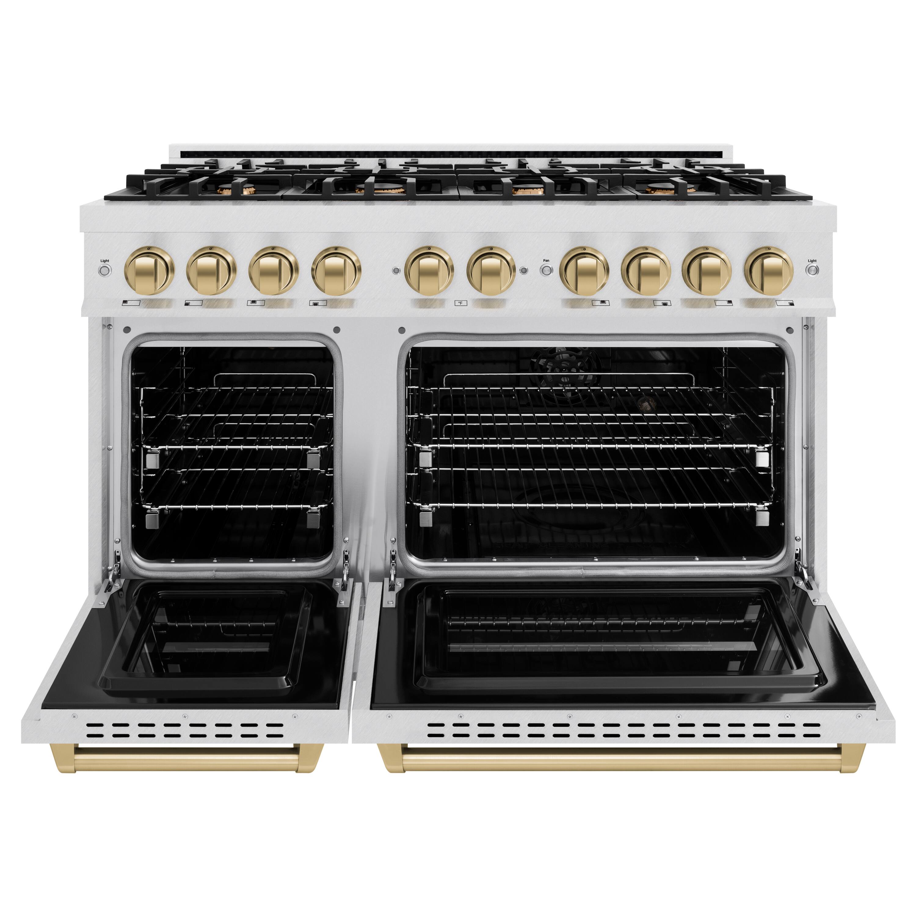 Angle. ZLINE - ZLINE Autograph 48 in. Classic Satin Steel Gas Range w/ 8 Burners & Bronze Accents (CGRSZ-48-CB) - Stainless Steel.