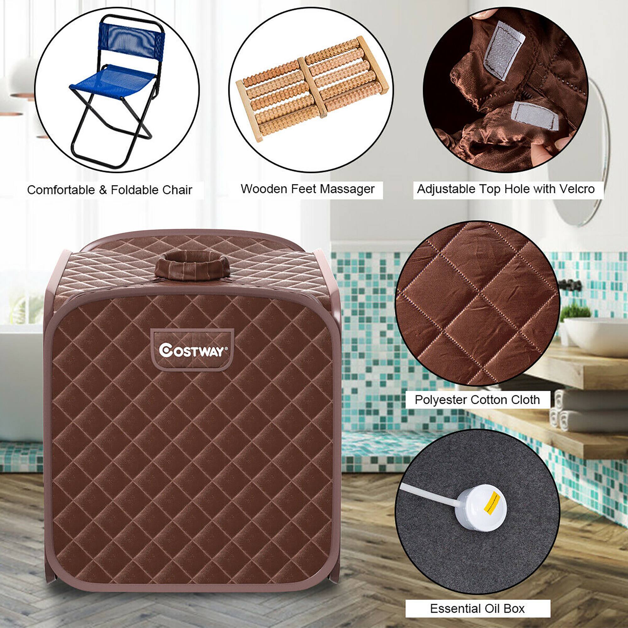 The text on the image can be grouped and corrected as follows:

1. Comfortable & Foldable Chair
2. Wooden Feet Massager
3. Adjustable Top Hole with Velcro
4. Polyester Cotton Cloth
5. Essential Oil Box
