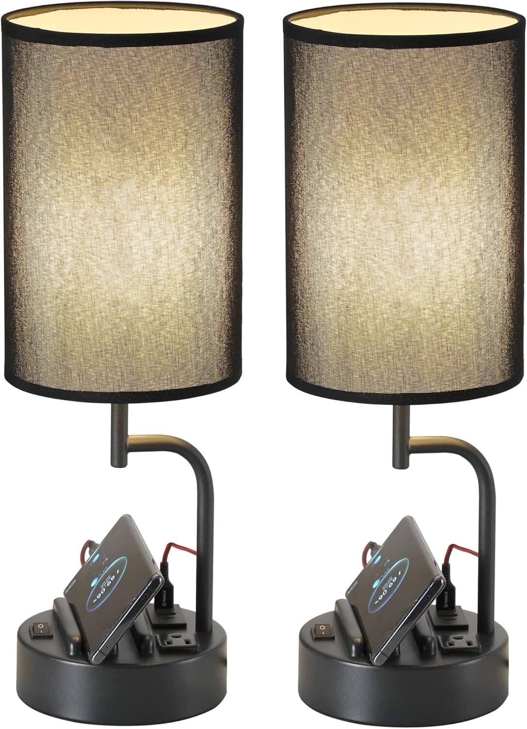 Stamp n Camp - Dreamholder Table Lamp with 3 USB Charging Ports Modern Desk Lamp with AC Outlet and Phone Stands Perfect Bedside - Black