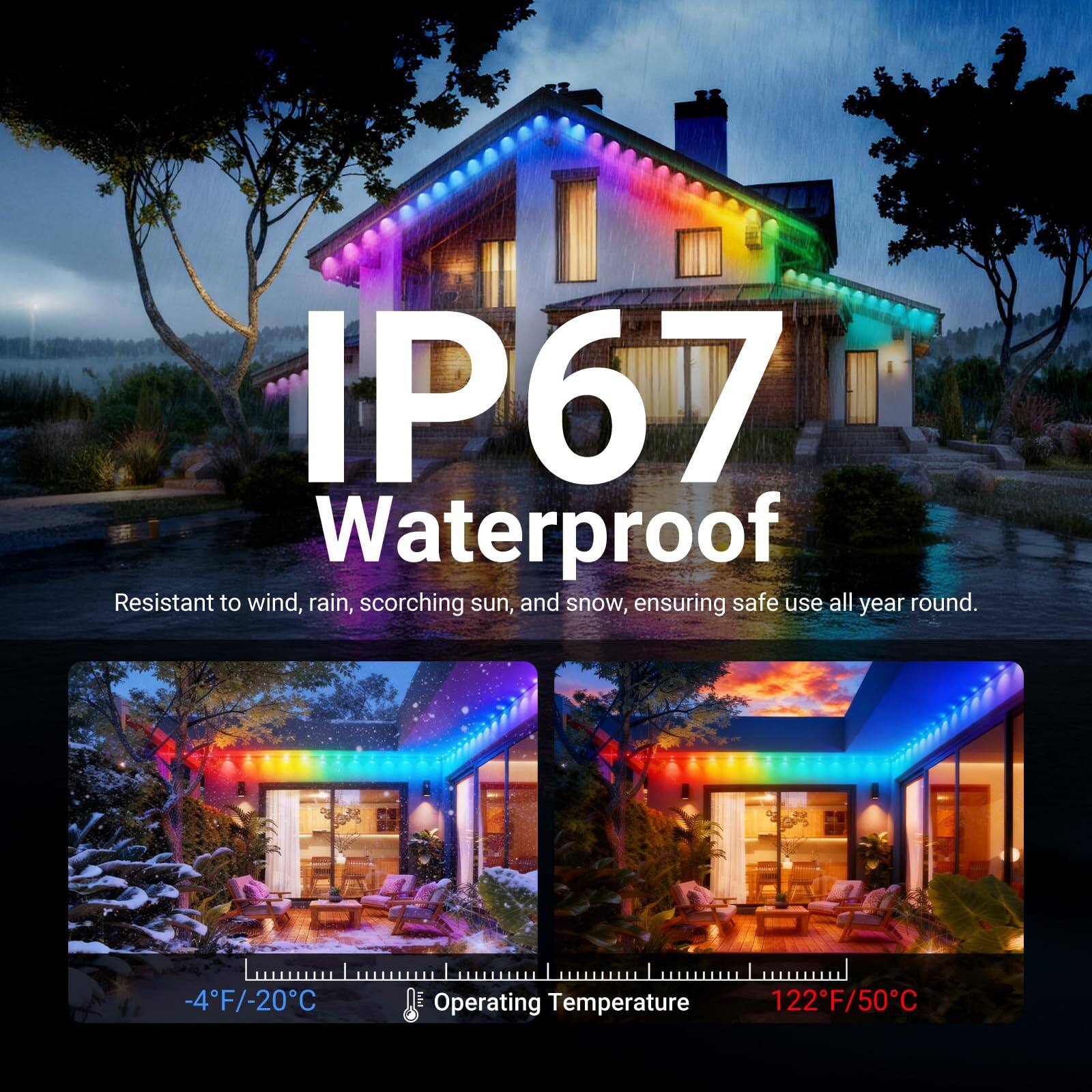 IP67 Waterproof  
Resistant to wind, rain, scorching sun, and snow, ensuring safe use all year round.  

-4°F/-20°C  
Operating Temperature  
122°F/50°C