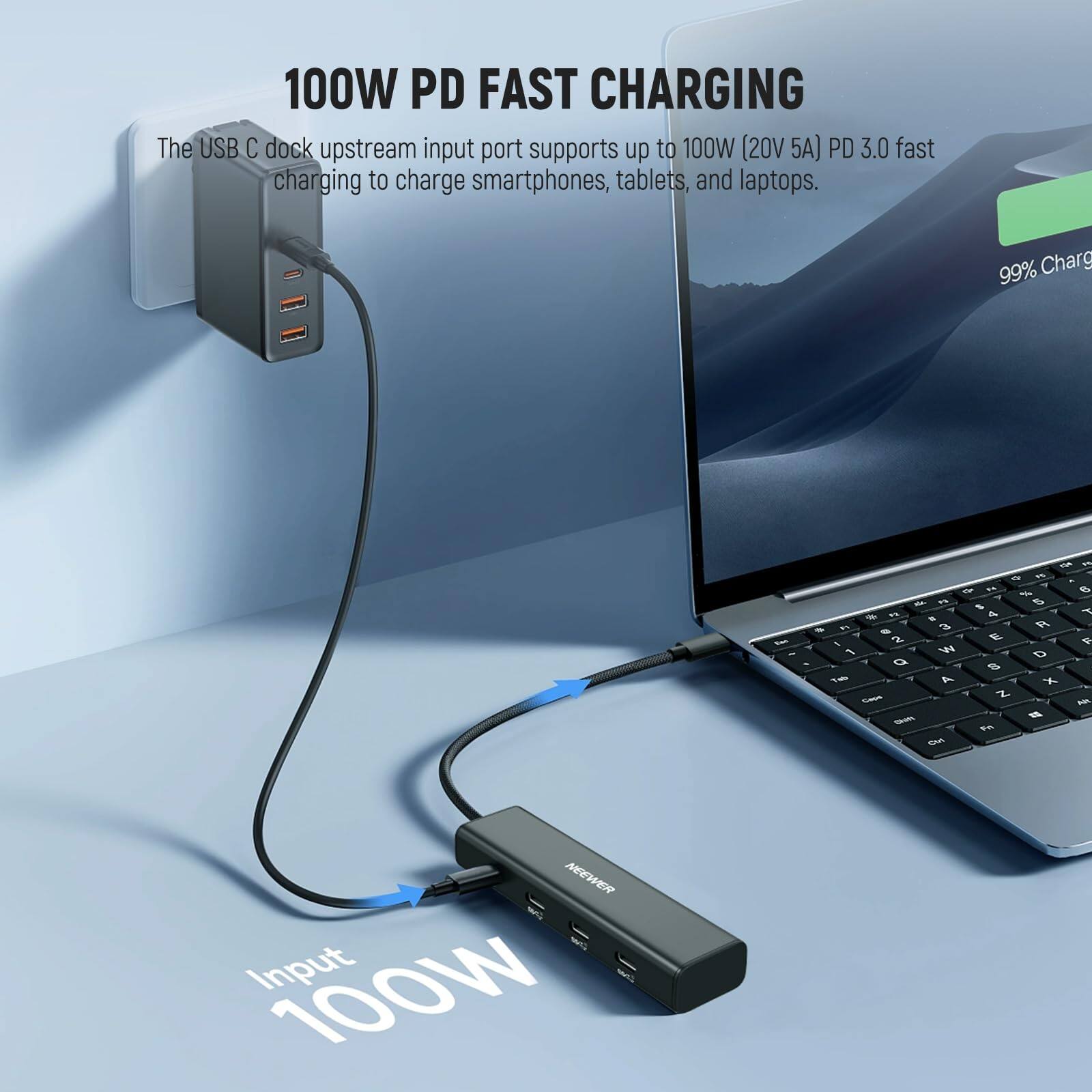 100W PD FAST CHARGING

The USB C dock upstream input port supports up to 100W (20V 5A) PD 3.0 fast charging to charge smartphones, tablets, and laptops.

99% Charg

Input 100W