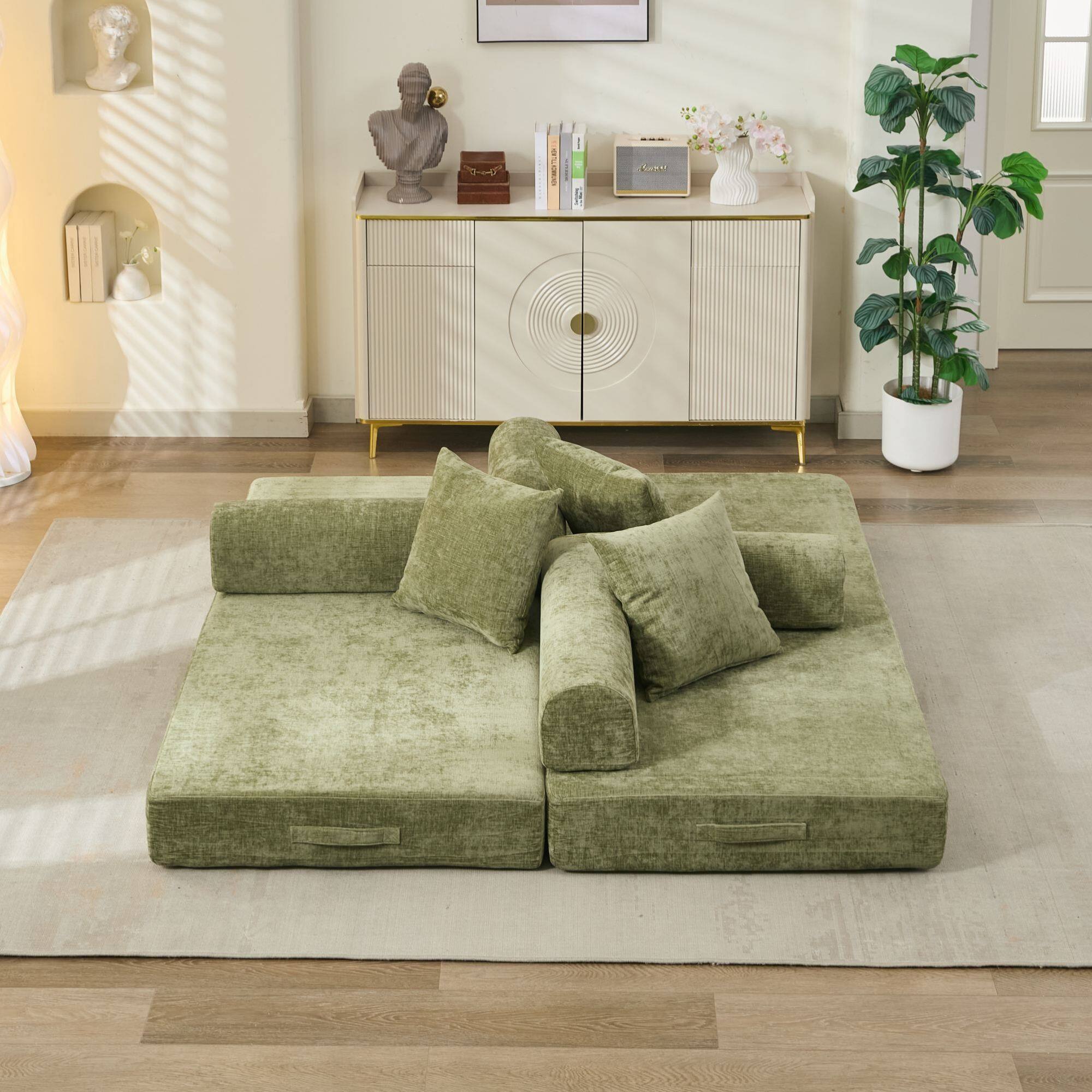 Left. GOODSILO - Convertible Folding Floor Sofa Bed with Armrests for Living Room, Bedroom, and Studio Lounging - Green.