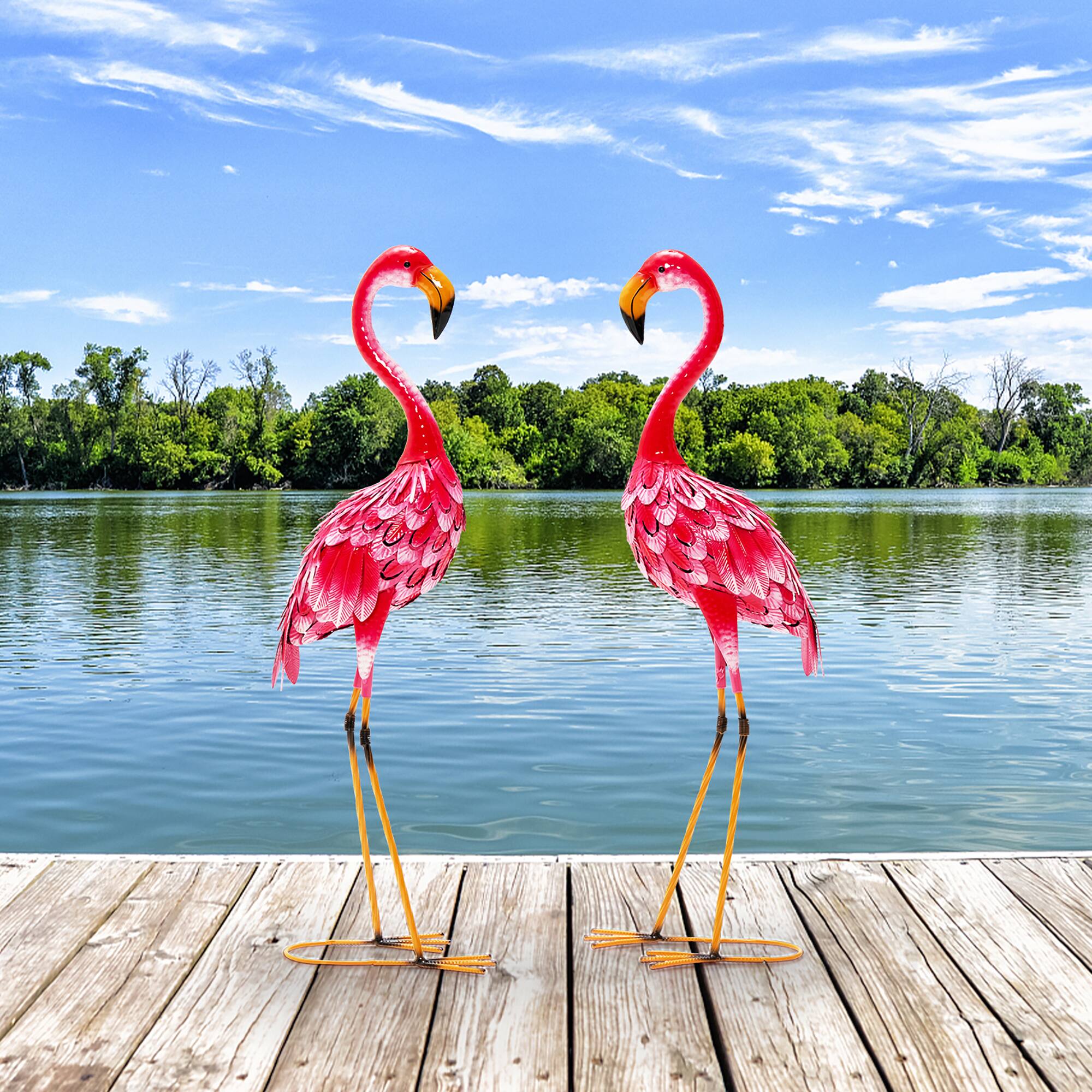 Alt View 5. Costway - 2-Piece Metal Flamingo Garden Statue Sculpture Set Yard Lawn Decoration - Pink.