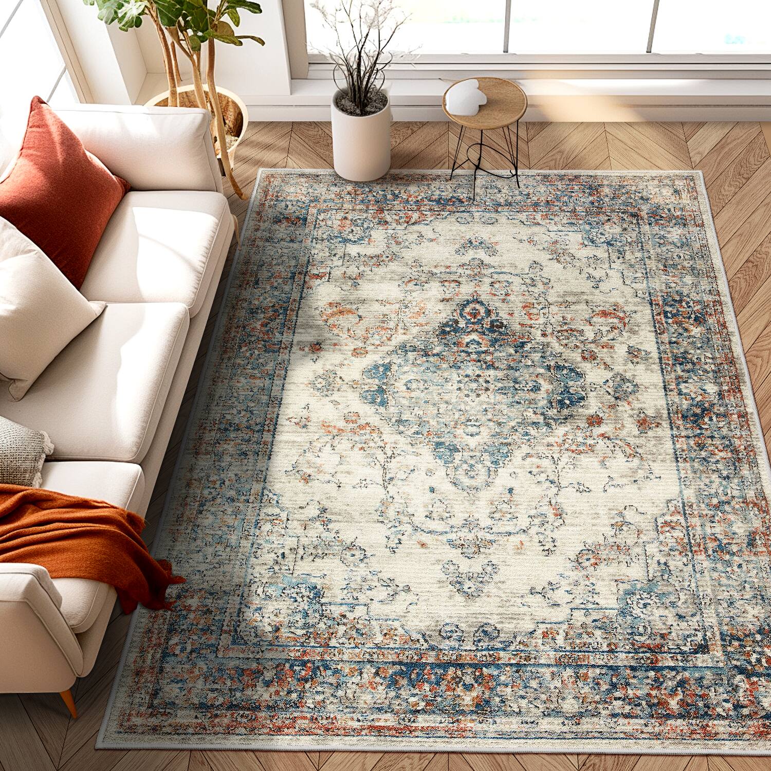 Left. APRILSOUL - Faded Bohemian 5x7 Floral Rug Soft Faux Wool Non Slip Durable for Any Room - Blue+Yellow.