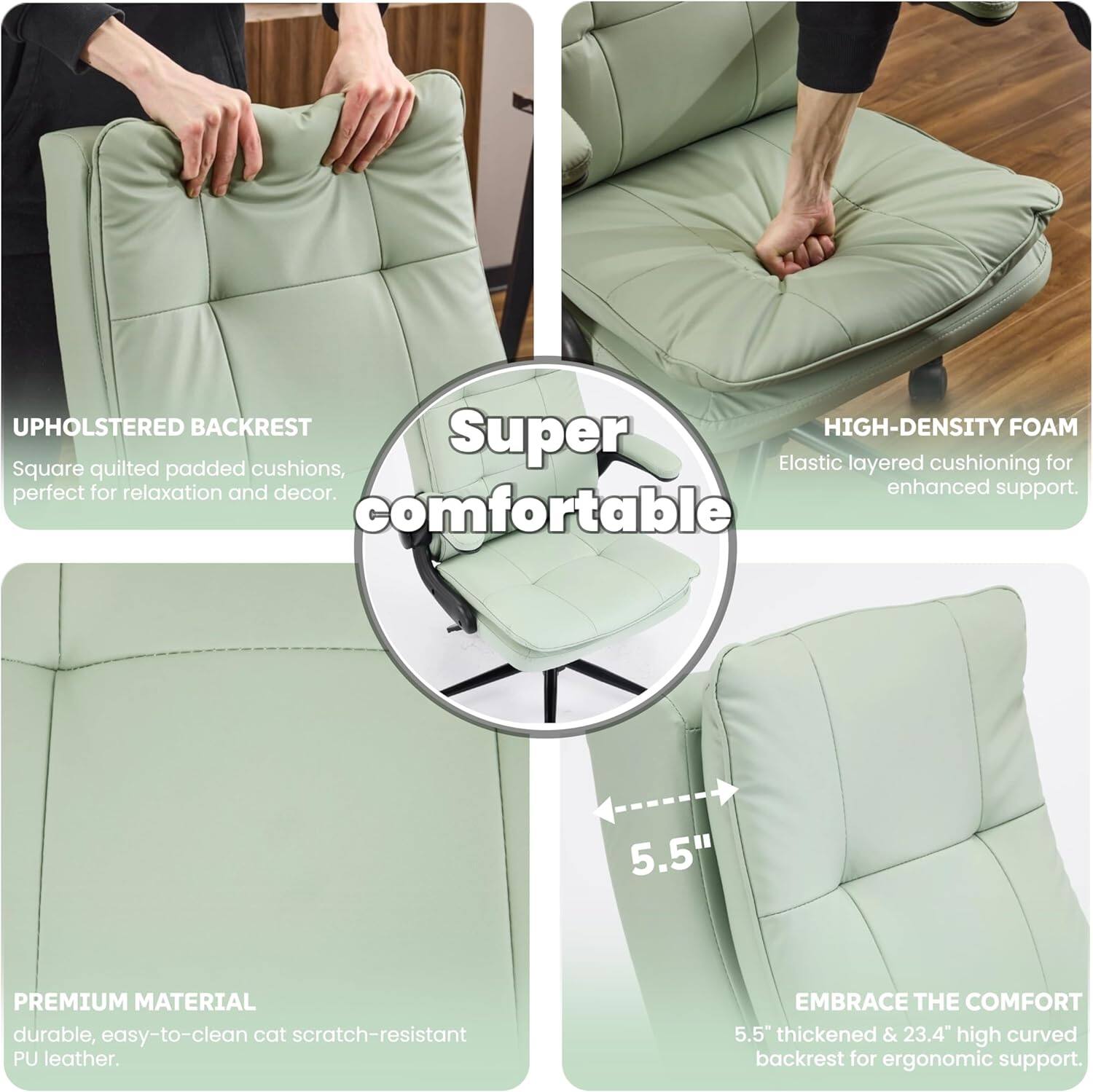 UPHOLSTERED BACKREST

Square quilted padded cushions, perfect for relaxation and decor.

HIGH-DENSITY FOAM

Elastic layered cushioning for enhanced support.

PREMIUM MATERIAL

Durable, easy-to-clean cat scratch-resistant PU leather.

EMBRACE THE COMFORT

5.5" thickened & 23.4" high curved backrest for ergonomic support.