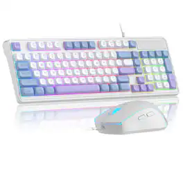 Luckbyte - Wired RGB Gaming Keyboard and Mouse Set - 98-Key Compact Design with Adjustable DPI Mouse (White & Purple) - Blue