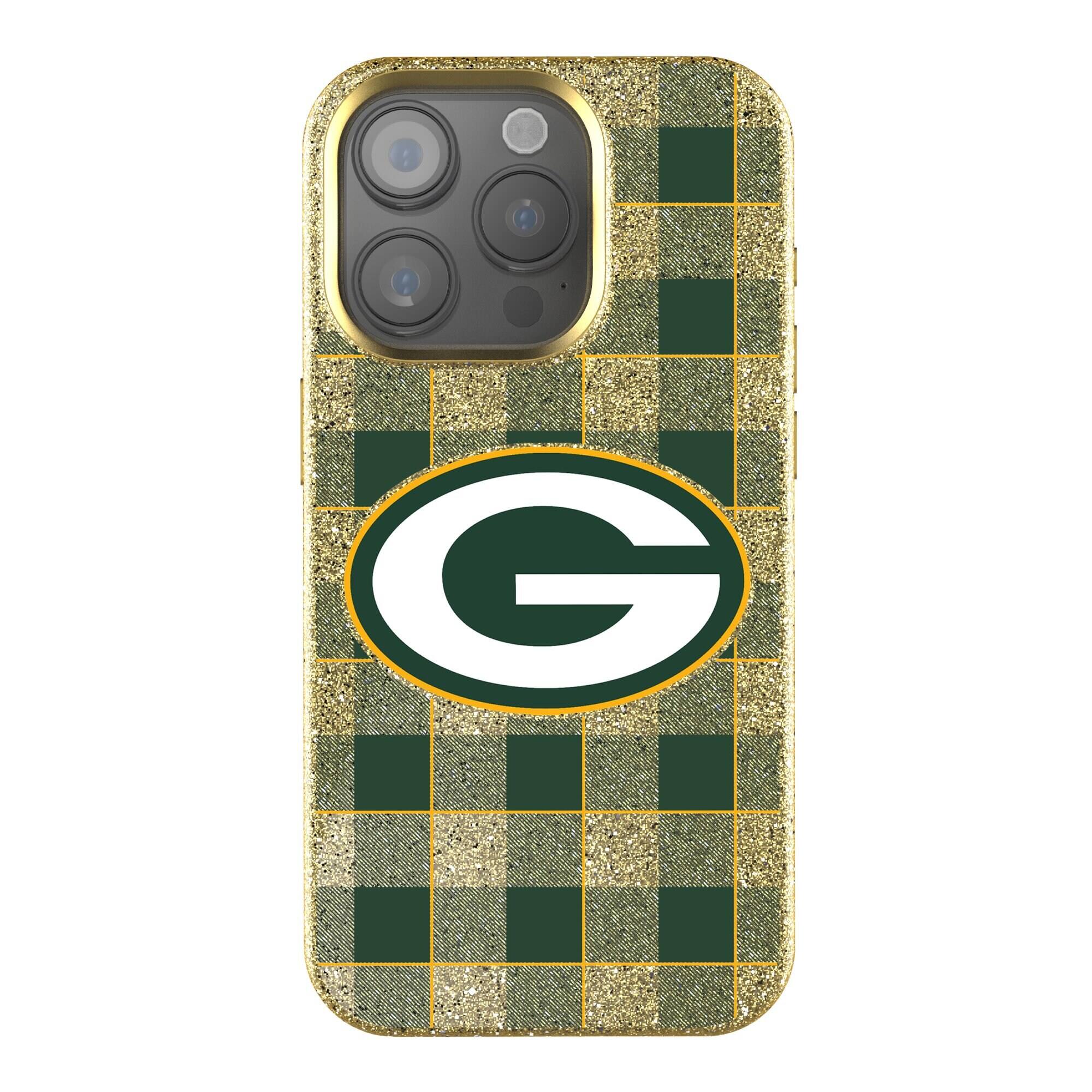 Front. Keyscaper - Green Bay Packers Plaid Bling iPhone Case - 14 Plus - Gold.