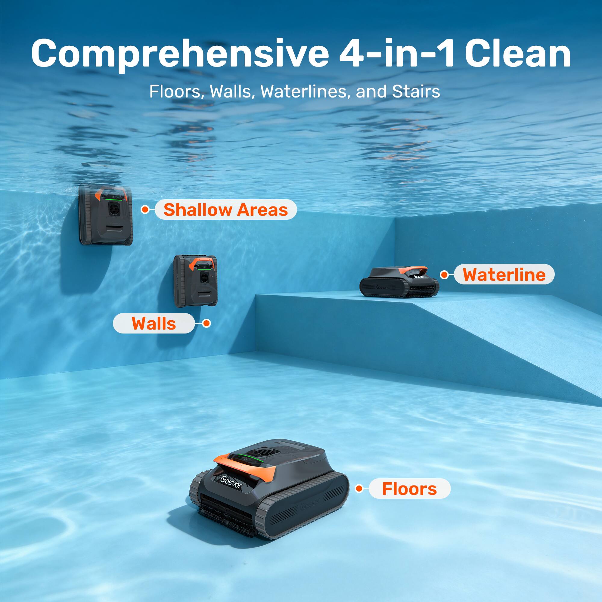 Comprehensive 4-in-1 Clean  
Floors, Walls, Waterlines, and Stairs

- Shallow Areas
- Waterline
- Walls
- Floors