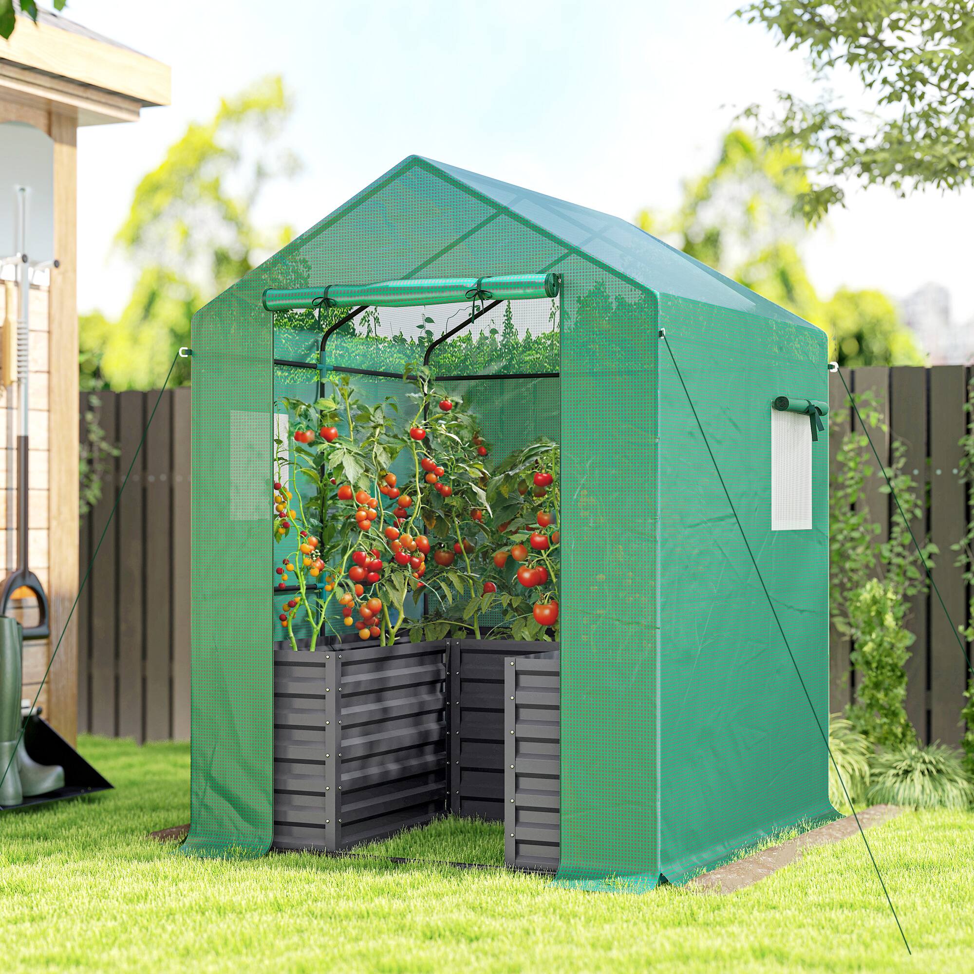 Alt View 1. Outsunny - with Raised Garden Bed, Galvanized Steel Outdoor Greenhouse with Roll Up Door, 56" x 56" x 75".