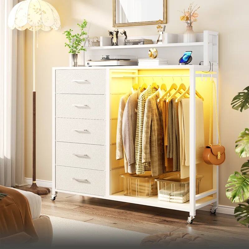 Alt View 4. Aheaplus - Bedroom Dresser with 5 Drawers, Clothes Rack, Shelves, Charging Station, LED Lights & Lockable Wheels - Bedroom/Entryway - White.