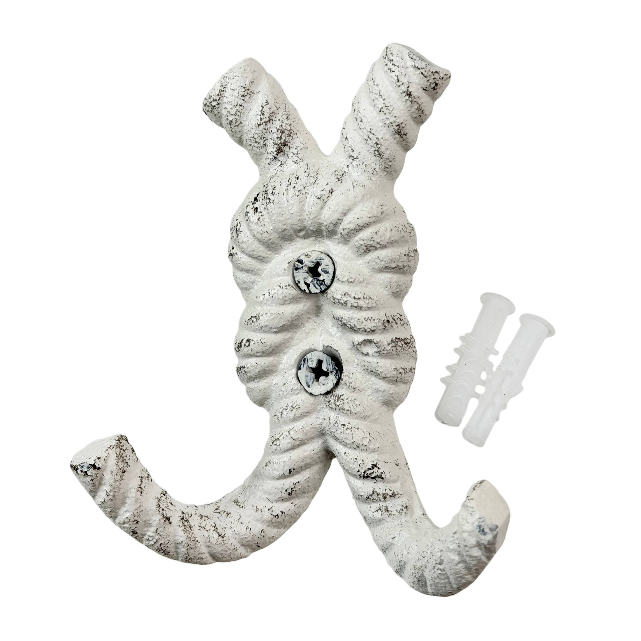 Alt View 2. Zeckos - Set of 3 Cast Iron Rope Knot Wall Hooks 4in Antique White Coastal Decor - White.