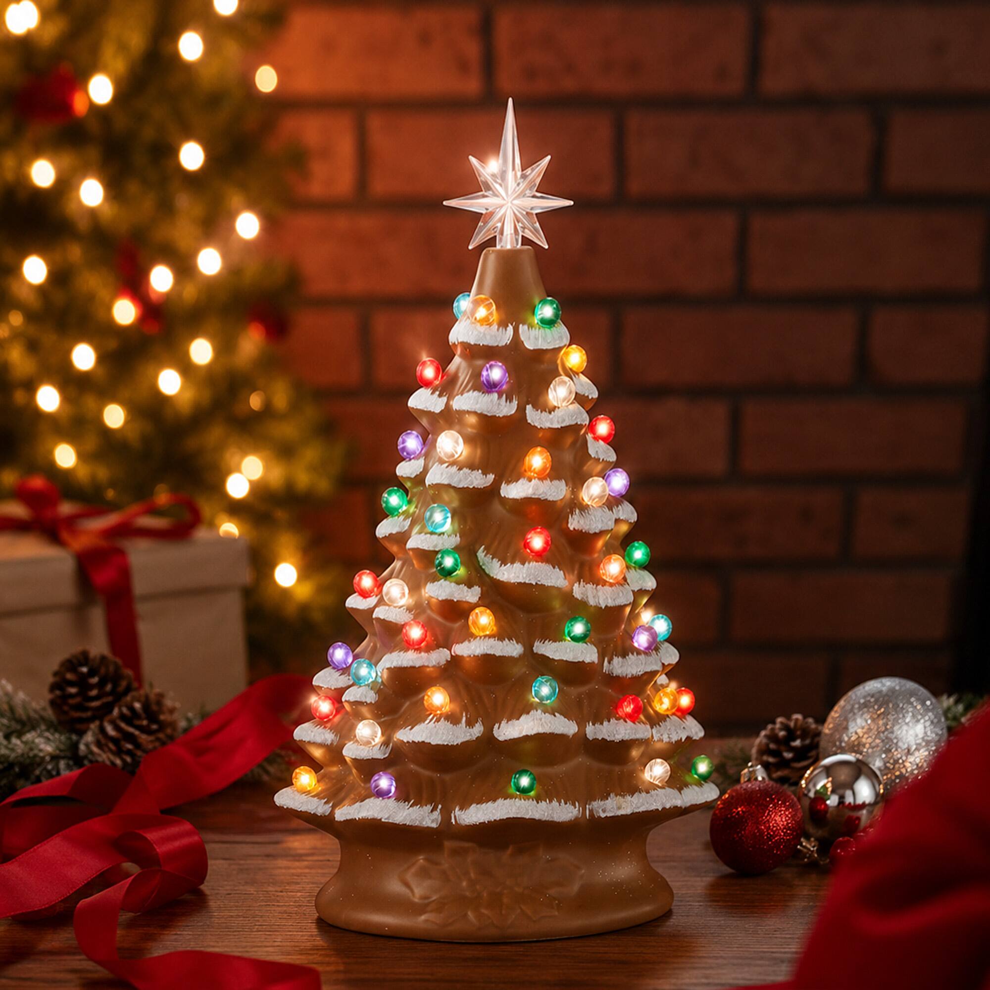 Alt View 6. Casafield - 15-in Hand Painted Ceramic Christmas Tree - Pre-Lit Tree with Star - Brown.