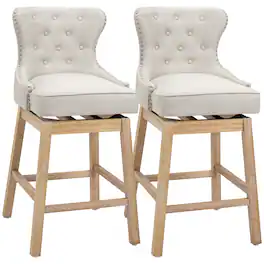 Homcom - Memory Swivel Bar Stools Set of 2, Upholstered Fabric Bar Height Stools (30"H) with Tufted Back, Nailhead-Trim - White