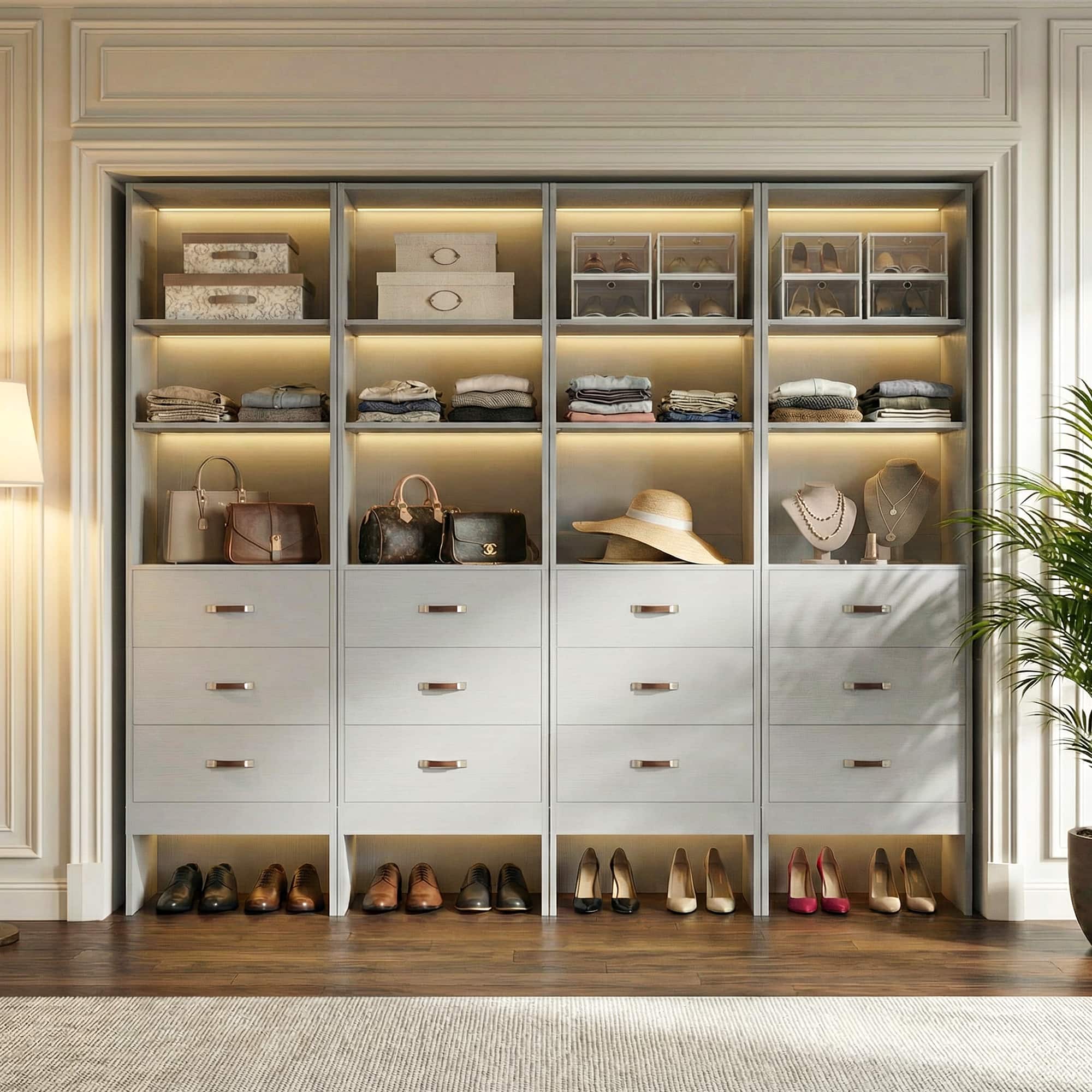 Aheaplus - 4-Pack 96" Closet Bundle: 3 Rods & Drawers per Unit, Space-Saving 5-8FT Adjustable Organizer - Gray