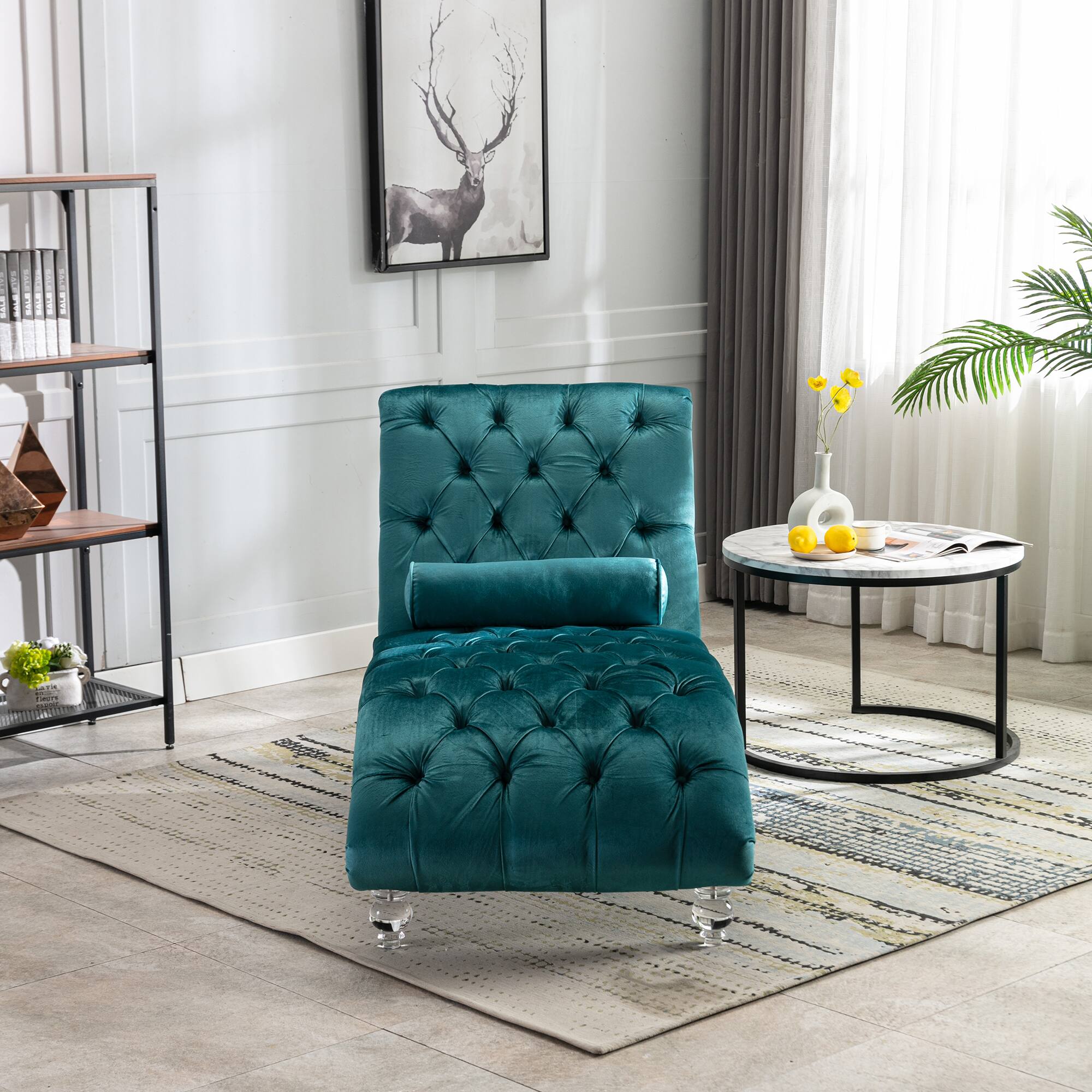 Angle. Trinkets Crazed - Velvet Indoor Chaise Lounge Chair with Toss Pillow, Upholstered Modern Tufted Button Lounge Chair with Acrylic Legs - Teal.