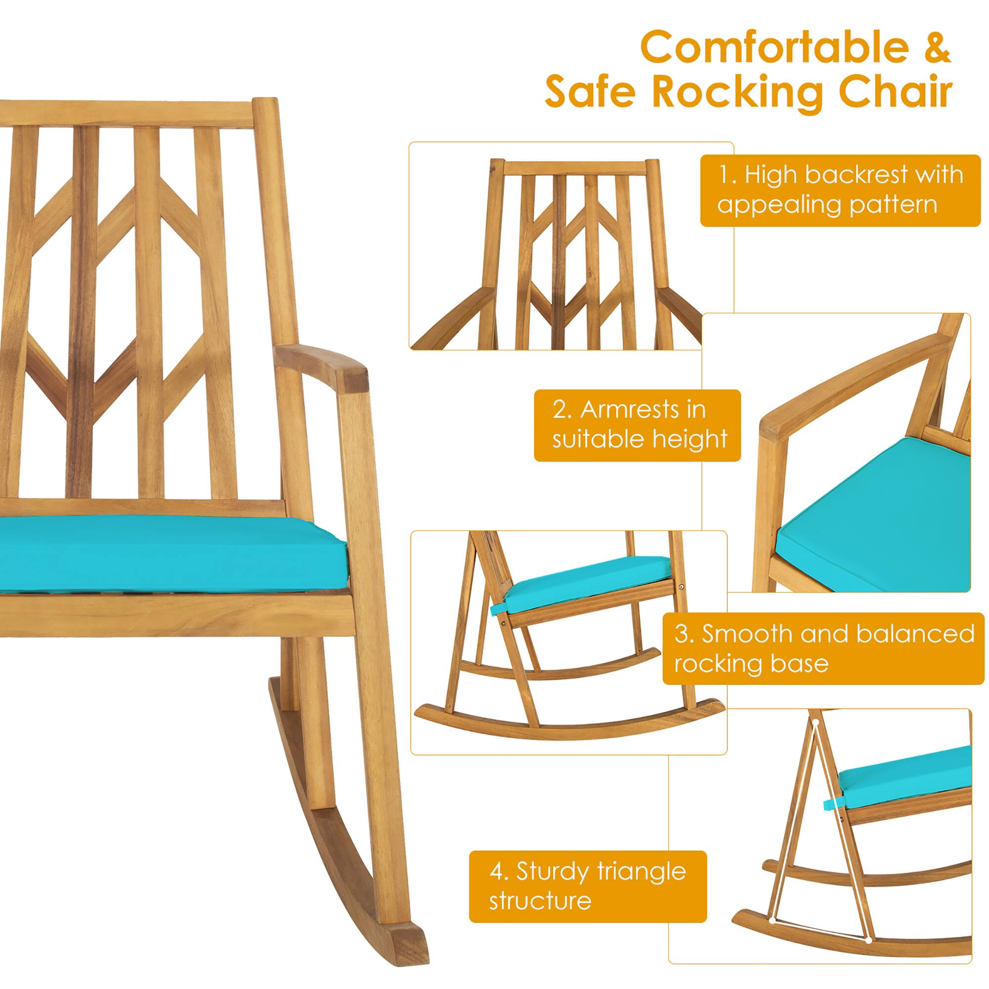 Comfortable & Safe Rocking Chair

1. High backrest with appealing pattern
2. Armrests in suitable height
3. Smooth and balanced rocking base
4. Sturdy triangle structure