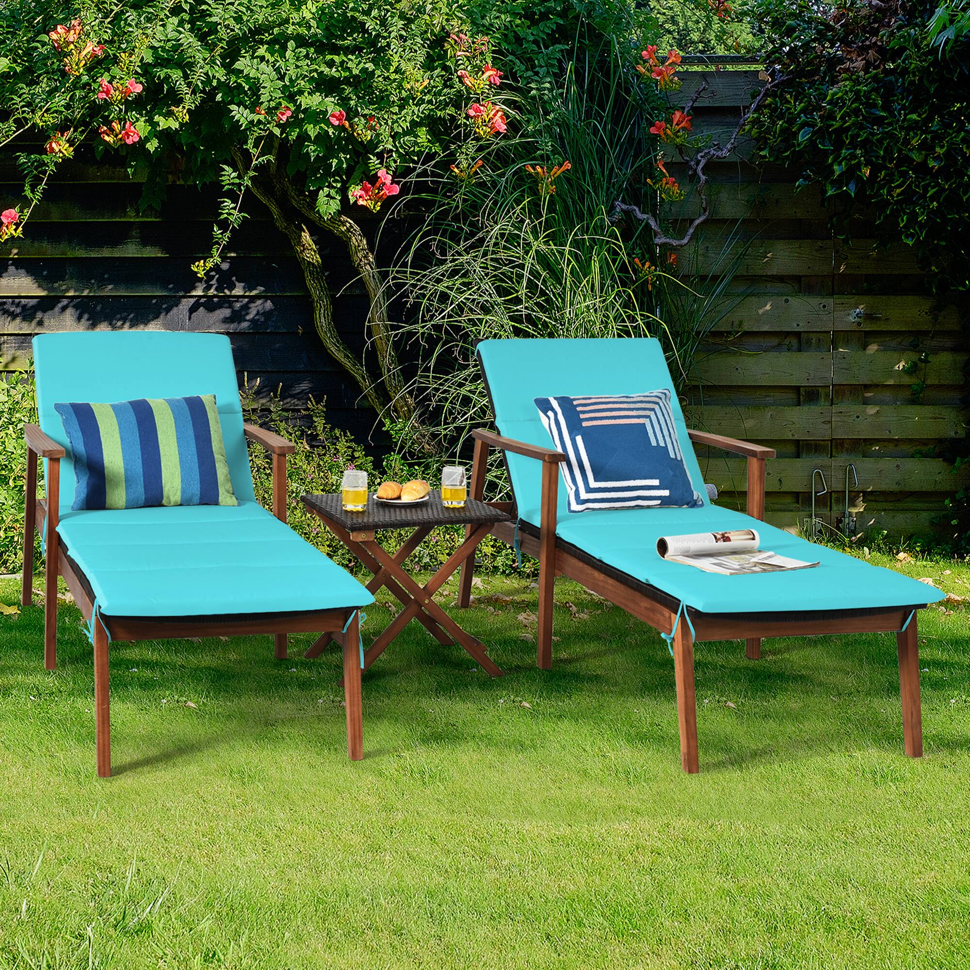 Alt View 5. Gymax - Gymax 3PCS Outdoor Patio Lounge Chair Set w/ Folding Table Turquoise Cushion - Turquoise.