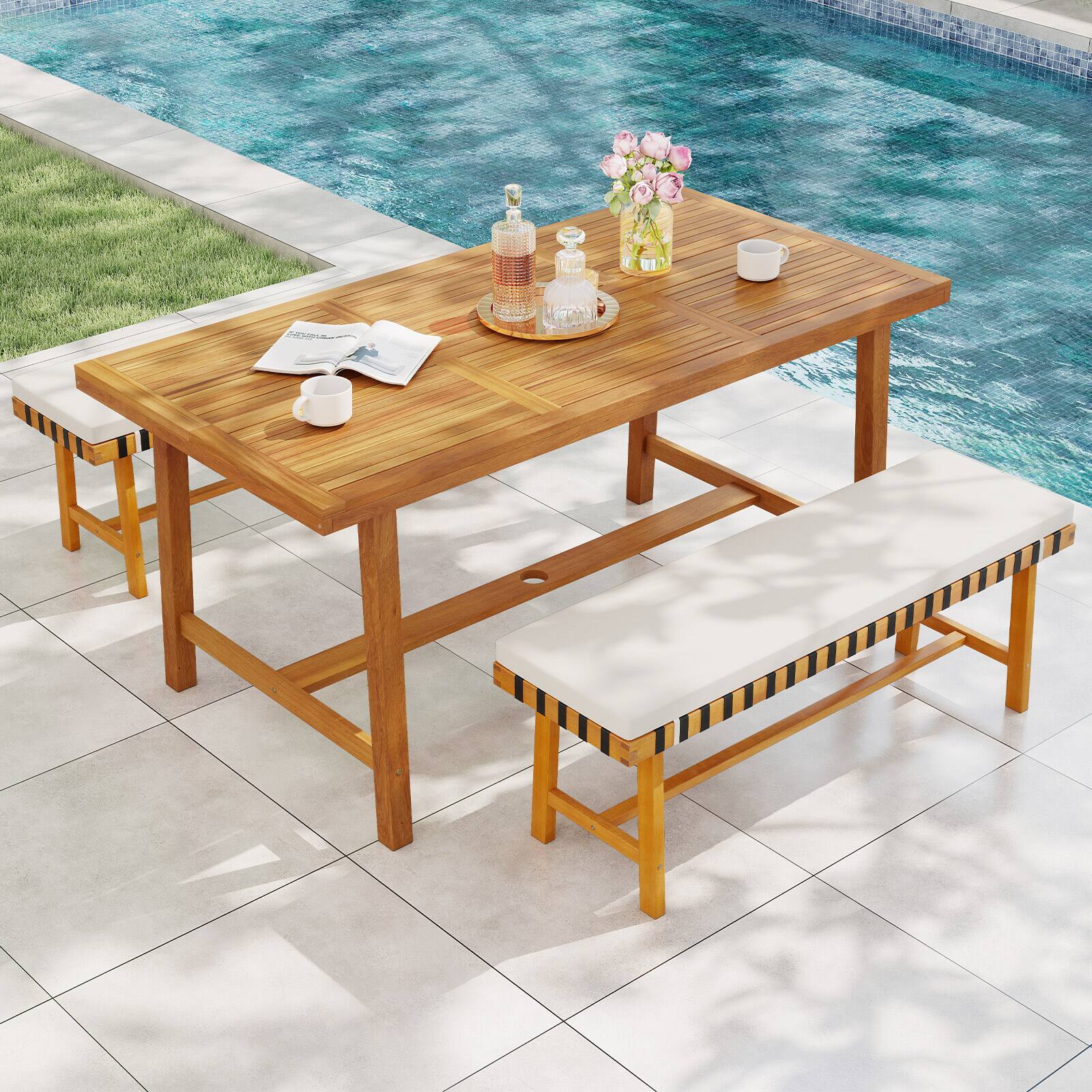 Alt View 1. Gymax - Gymax 3-Piece Patio Dining Set Rectangular Table & 2 Benches w/1.97'' Umbrella Hole - Yellow.