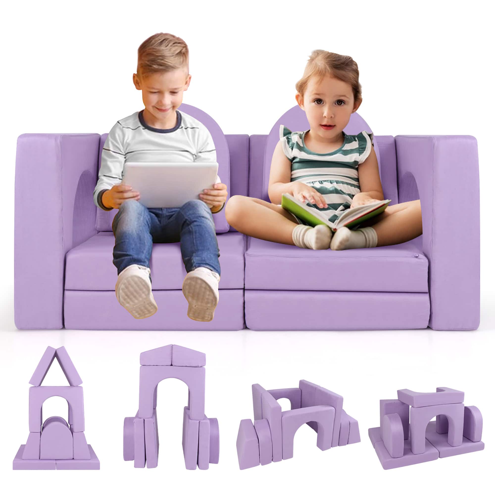 Gymax - 8 PCS Modular Kids Play Couch Sofa w/ Suede Fabric Cover High-Density Foam Purple - Purple
