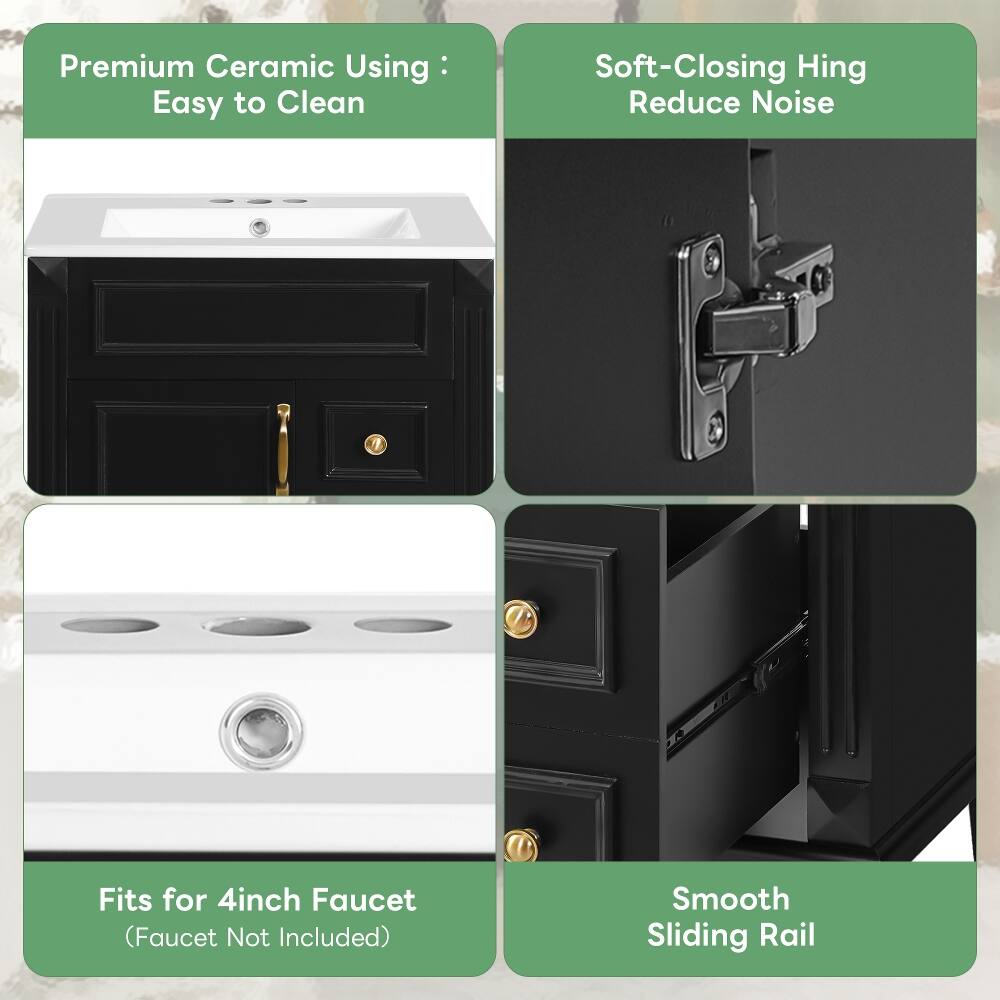 Premium Ceramic Using: Easy to Clean  
Soft-Closing Hinge Reduce Noise  
Fits for 4inch Faucet (Faucet Not Included)  
Smooth Sliding Rail
