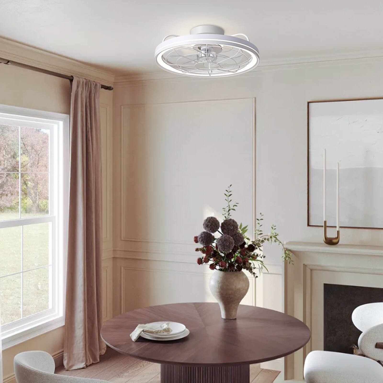 Left. Siljoy - 19 Inch Farmhouse White Caged Ceiling Fan Light with Dimmable Strip LED and Remote Control for Bedroom Living Room - White.