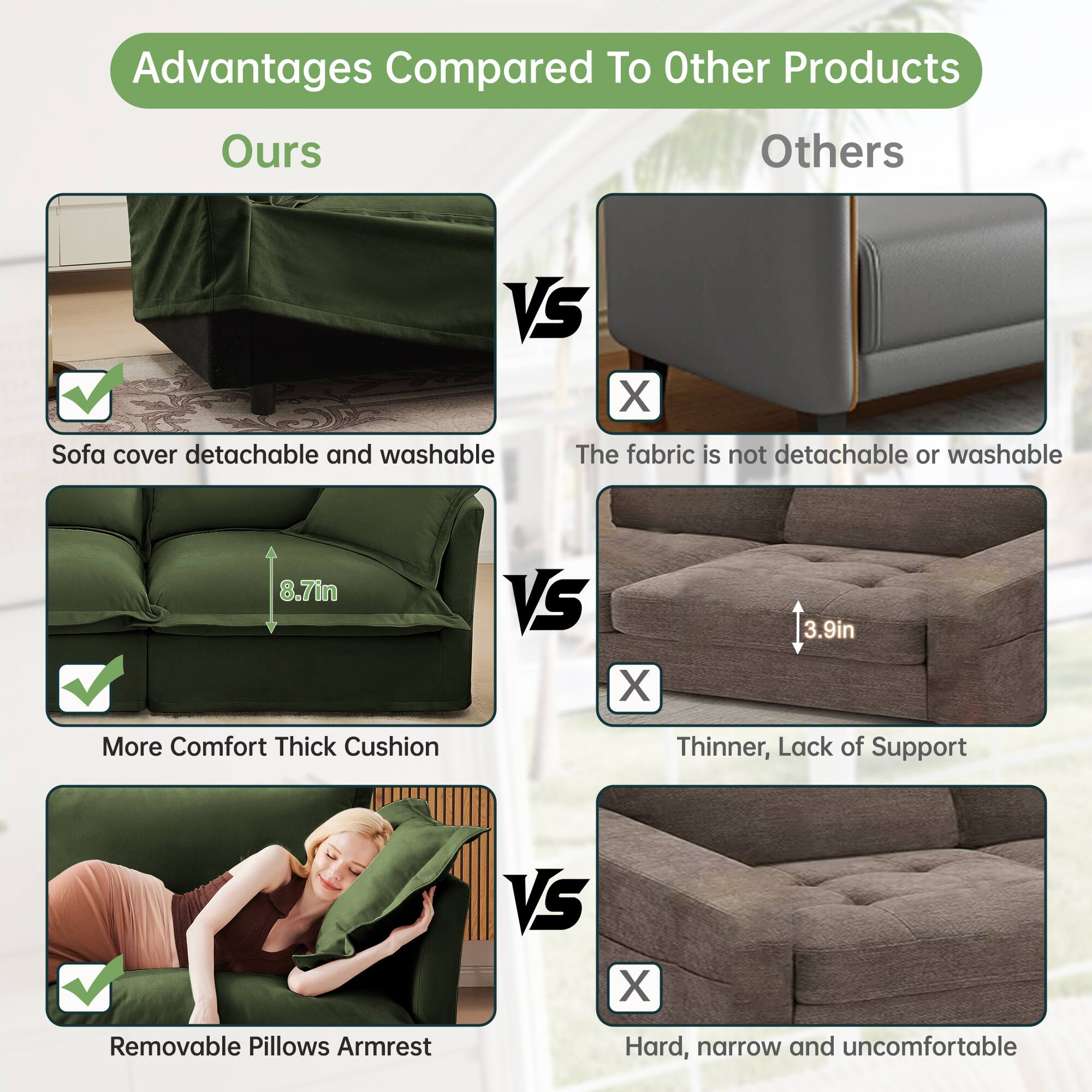 Advantages Compared To Other Products

Ours VS Others

- Sofa cover detachable and washable
  - The fabric is not detachable or washable

- More Comfort Thick Cushion
  - 8.7in VS 3.9in
  - Thinner, Lack of Support

- Removable Pillows Armrest
  - Hard, narrow and uncomfortable