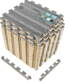 Sorbus - 3/8-Inch Thick 16 Sq. Ft. Wood Grain Floor Foam EVA Interlocking Mats Tiles w/ Borders - for Home, Trade Show - Wood Grain - Gray