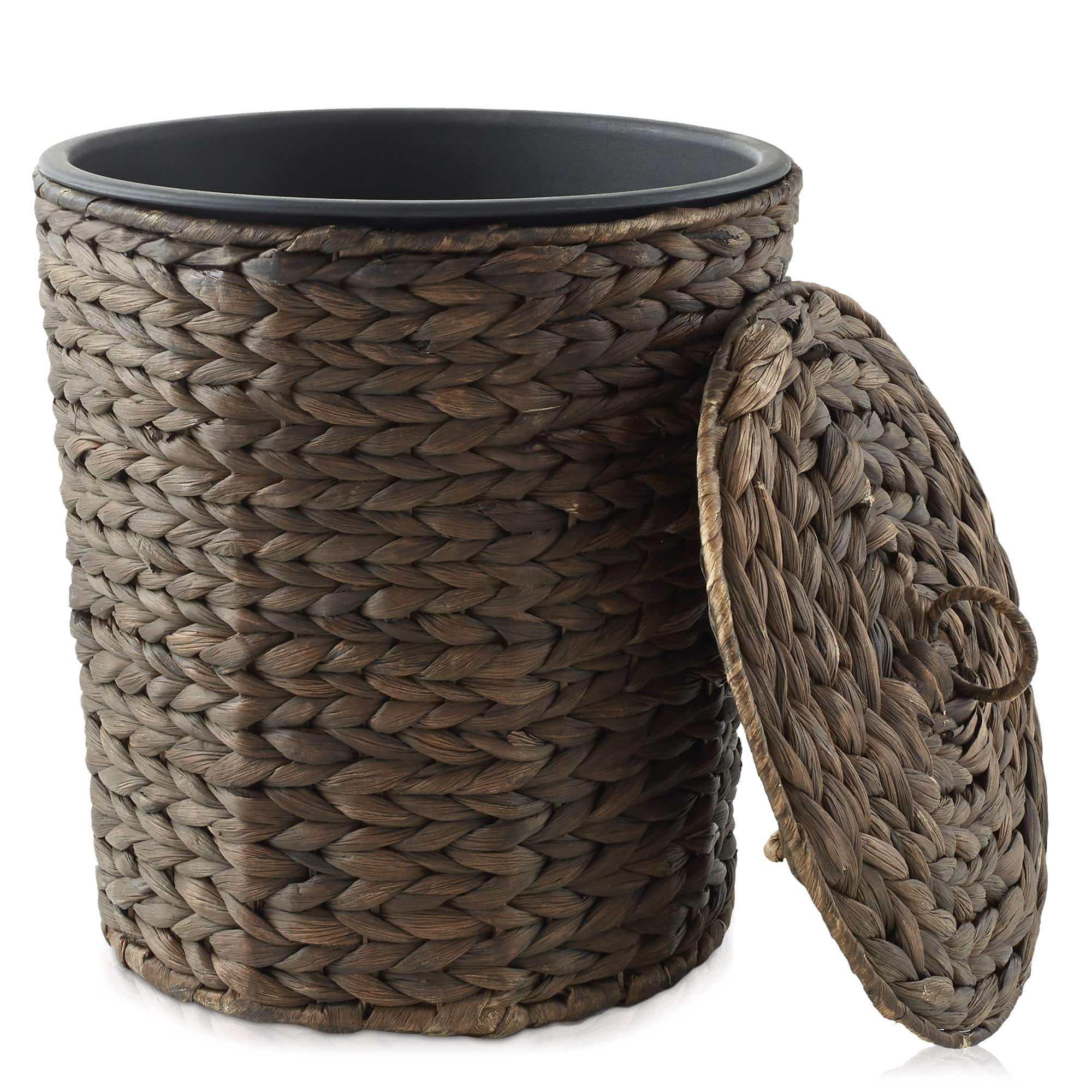 Casafield - Water Hyacinth Waste Basket with Lid - Woven Trash Can - Espresso