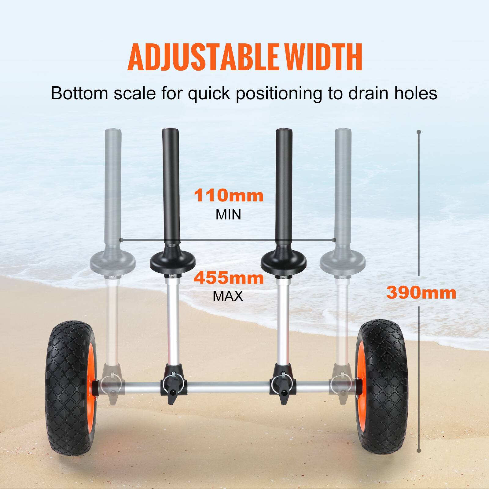 ADJUSTABLE WIDTH  
Bottom scale for quick positioning to drain holes  
110mm MIN  
455mm MAX  
390mm