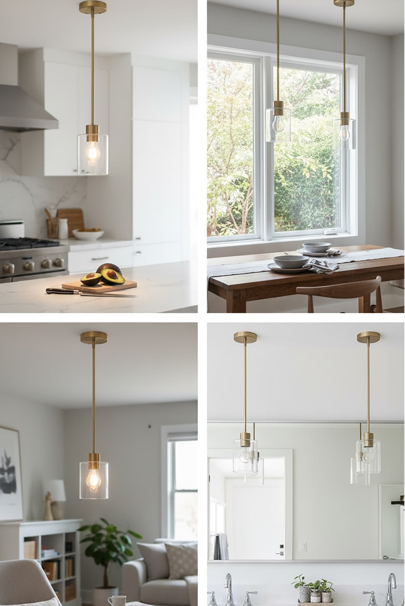 Alt View 4. FINEAK - Brass Modern Farmhouse Clear Glass Pendant Lights - 2 Pack Stem Rod - brass.