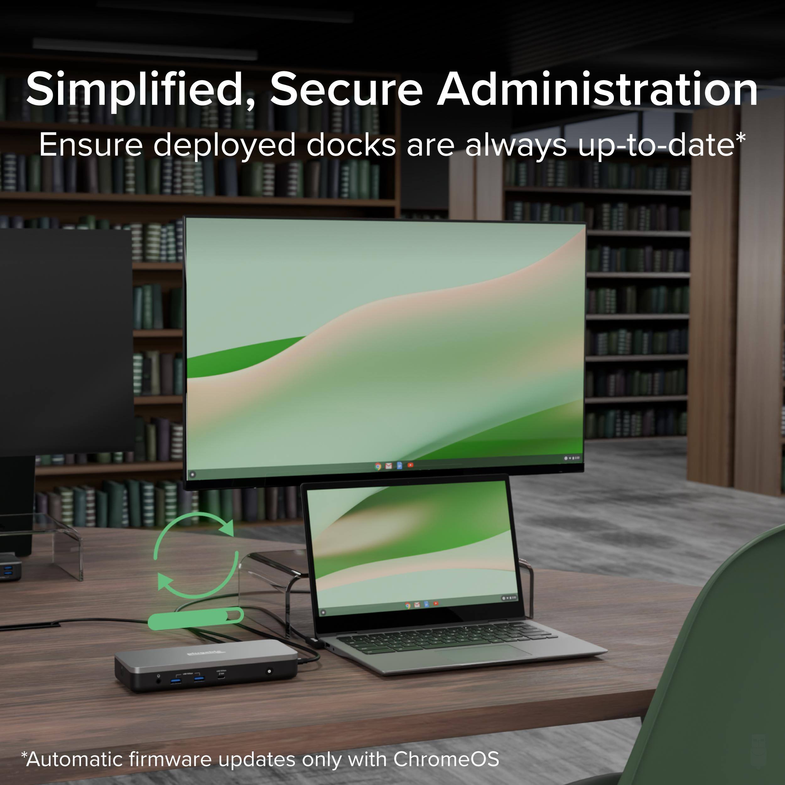 Simplified, Secure Administration  
Ensure deployed docks are always up-to-date*  
*Automatic firmware updates only with ChromeOS
