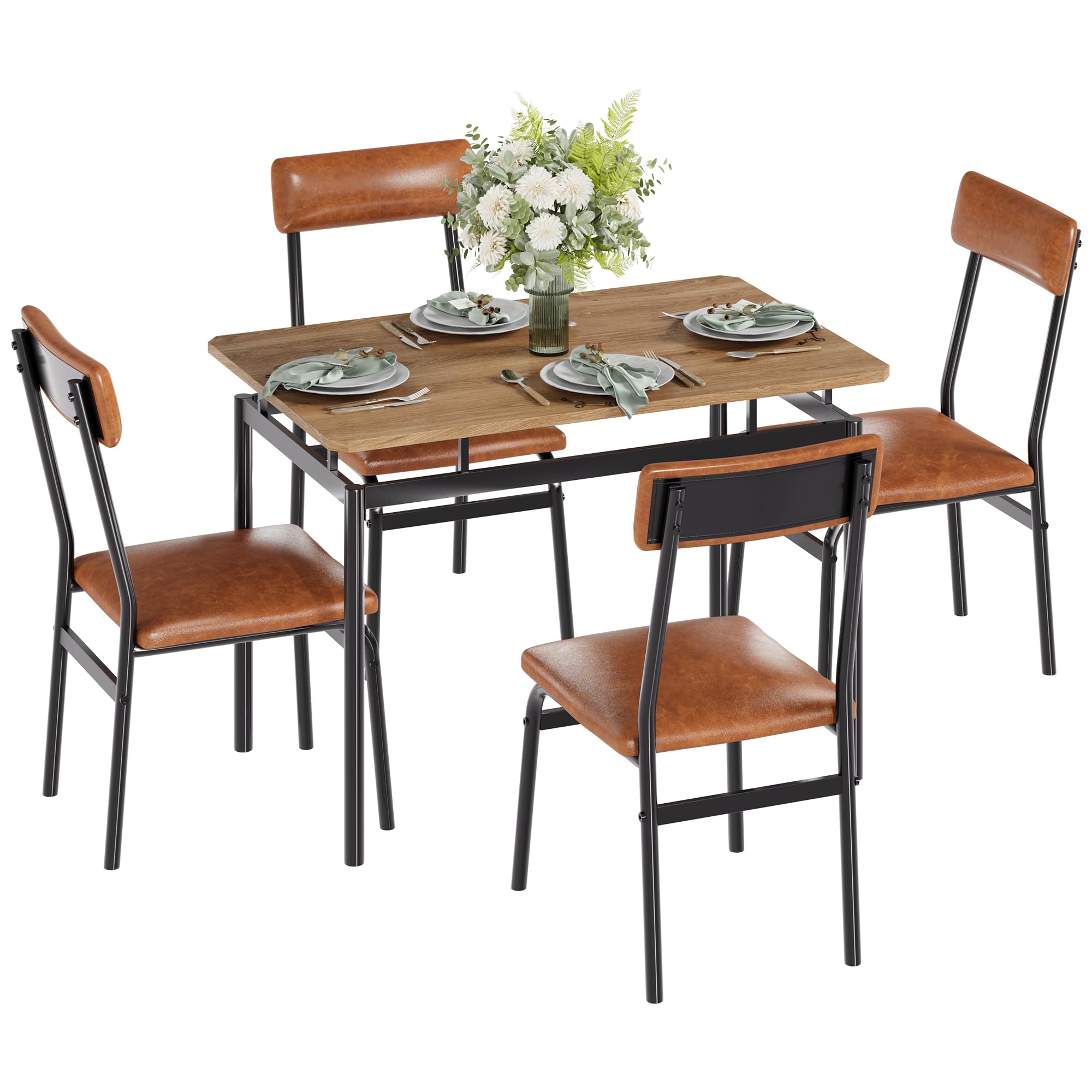 Alt View 3. Homhougo - 5-Pc Rectangular Dining Set – Wood Table + 4 Faux Leather Chairs, Modern Style - Natural.