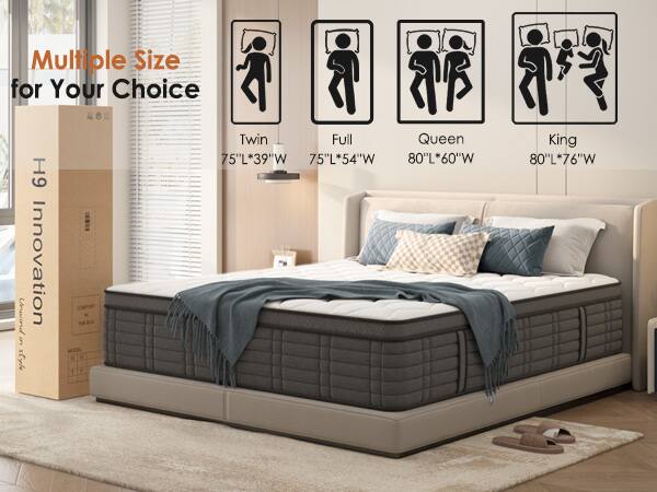 Multiple Size for Your Choice

H9 Innovation

Twin: 75"L x 39"W  
Full: 75"L x 54"W  
Queen: 80"L x 60"W  
King: 80"L x 76"W