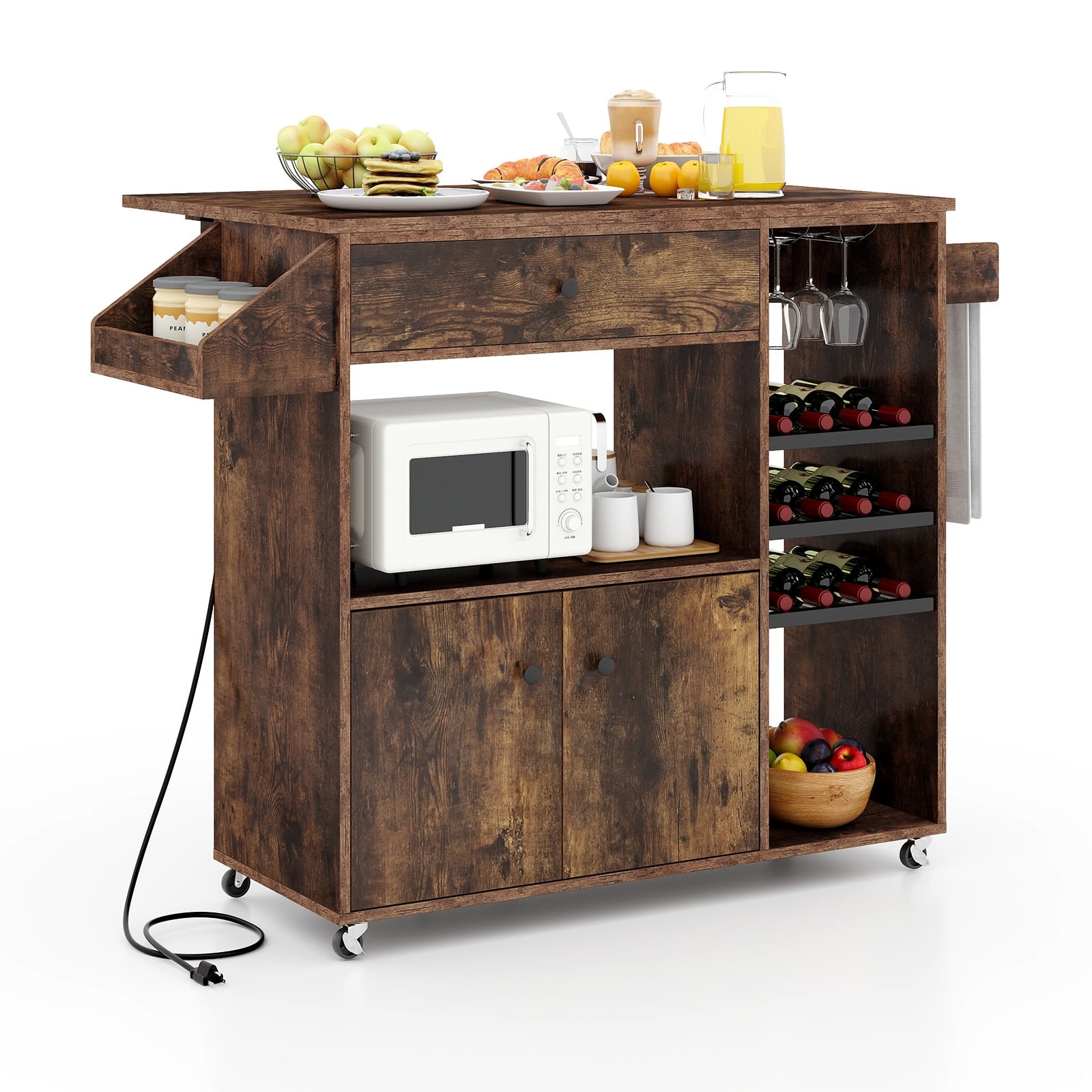Ecooso - Drop Leaf Mobile Kitchen Island Cart with Power Outlet, Adjustable Shelf for Storage - Rustic brown