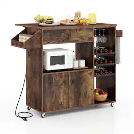 Ecooso - Drop Leaf Mobile Kitchen Island Cart with Power Outlet, Adjustable Shelf for Storage - Rustic brown