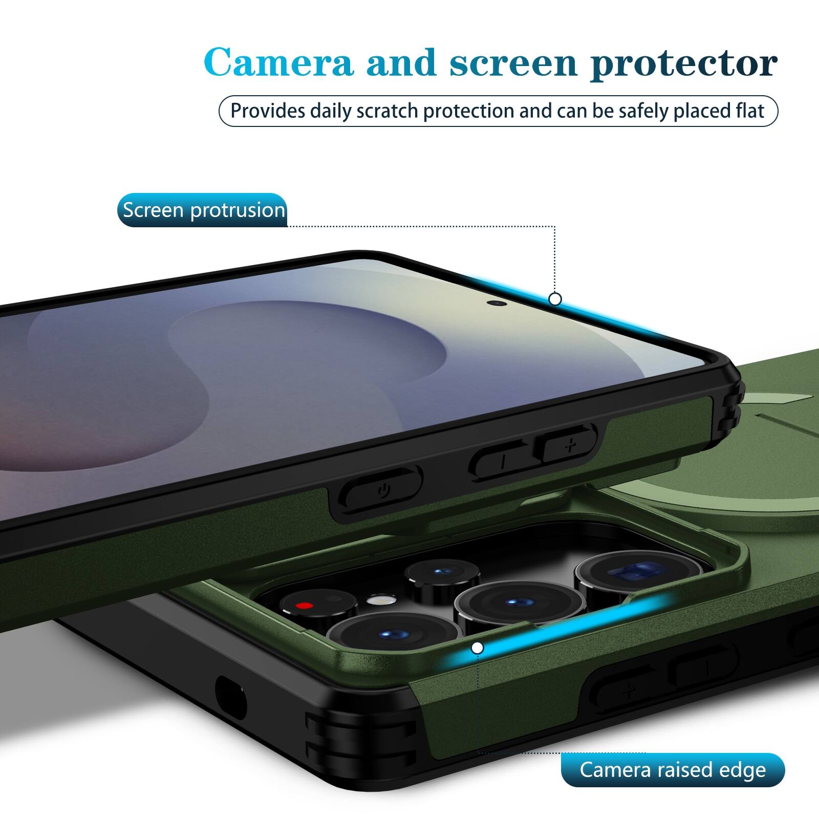 Camera and screen protector  
Provides daily scratch protection and can be safely placed flat  

Screen protrusion  
Camera raised edge