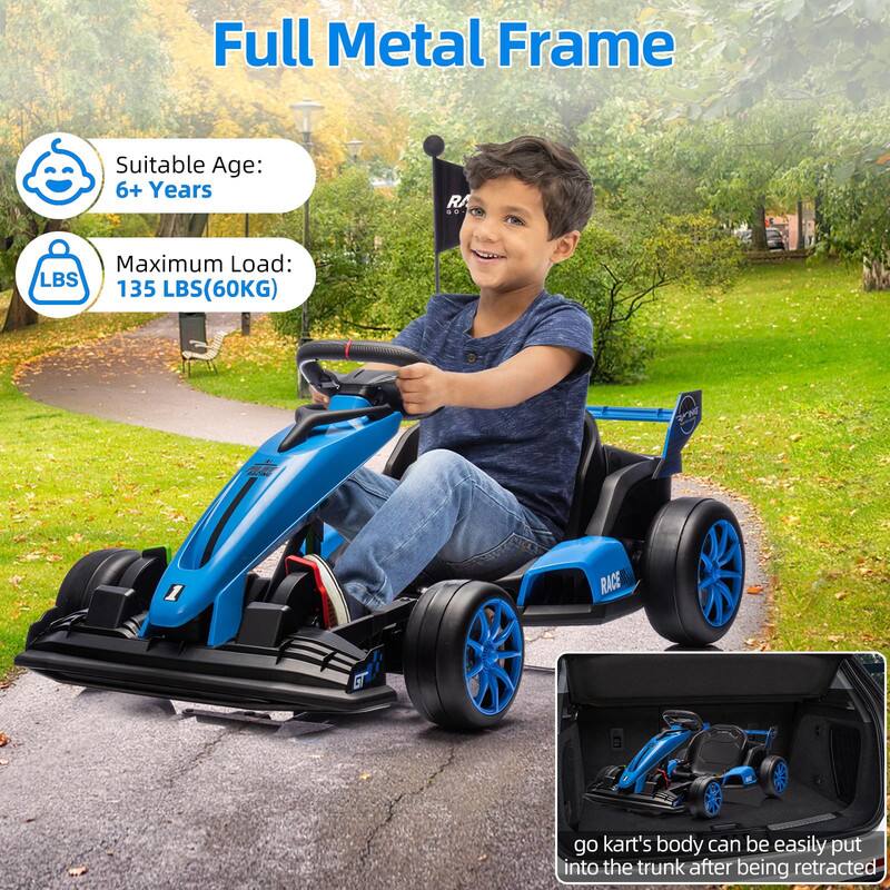 Full Metal Frame

Suitable Age: 6+ Years

Maximum Load: 135 LBS (60KG)

go kart's body can be easily put into the trunk after being retracted