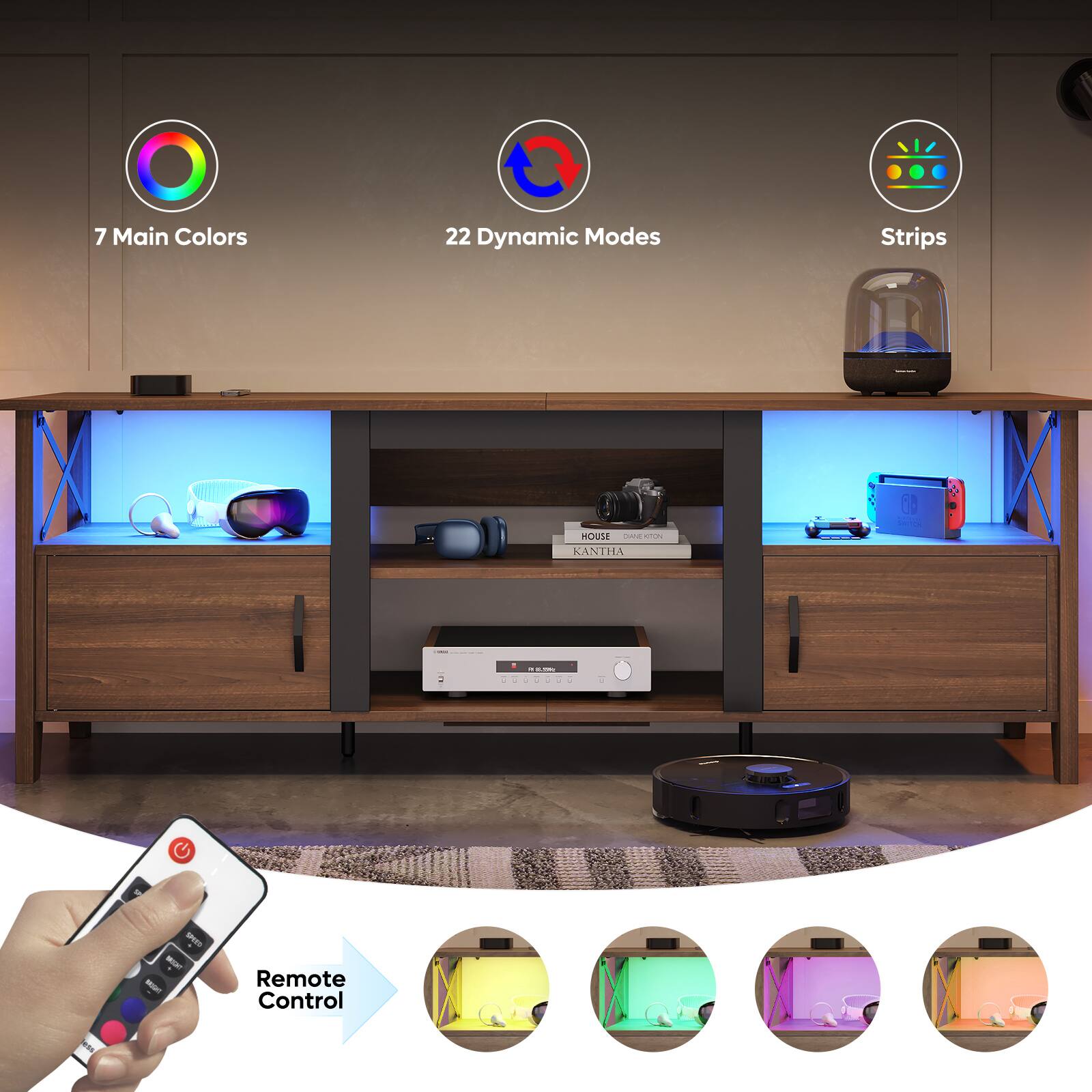 The image features a wooden entertainment center with a remote control and a variety of electronic devices. The entertainment center has a shelf with a total of 22 dynamic modes and 7 main colors. There are also strips of lights on display, adding to the overall ambiance of the space. The remote control allows for easy access to the various electronic devices, making it a convenient and user-friendly setup.